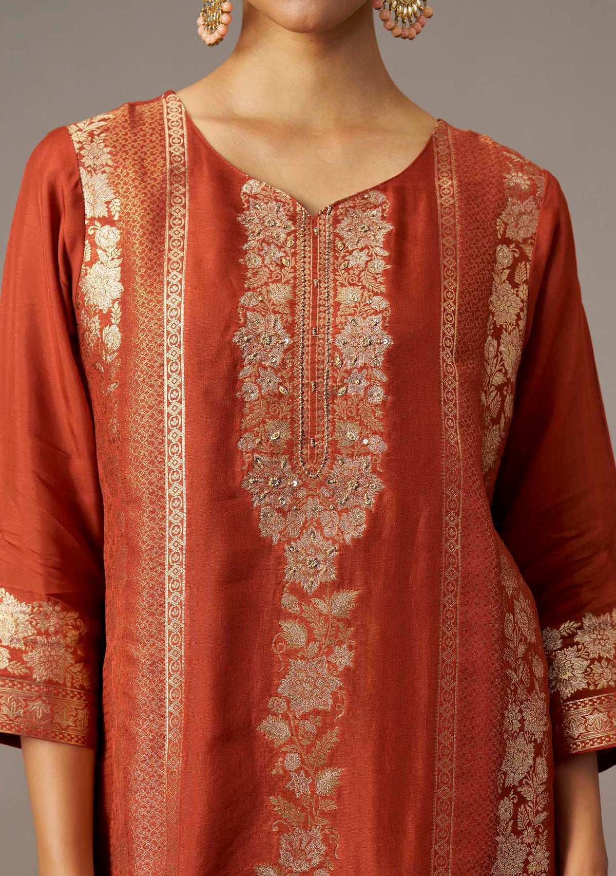 Rust Dola Silk Jacquard Short Kurta with Palazzo Set | Handwork | 3-Piece | Festive 2026