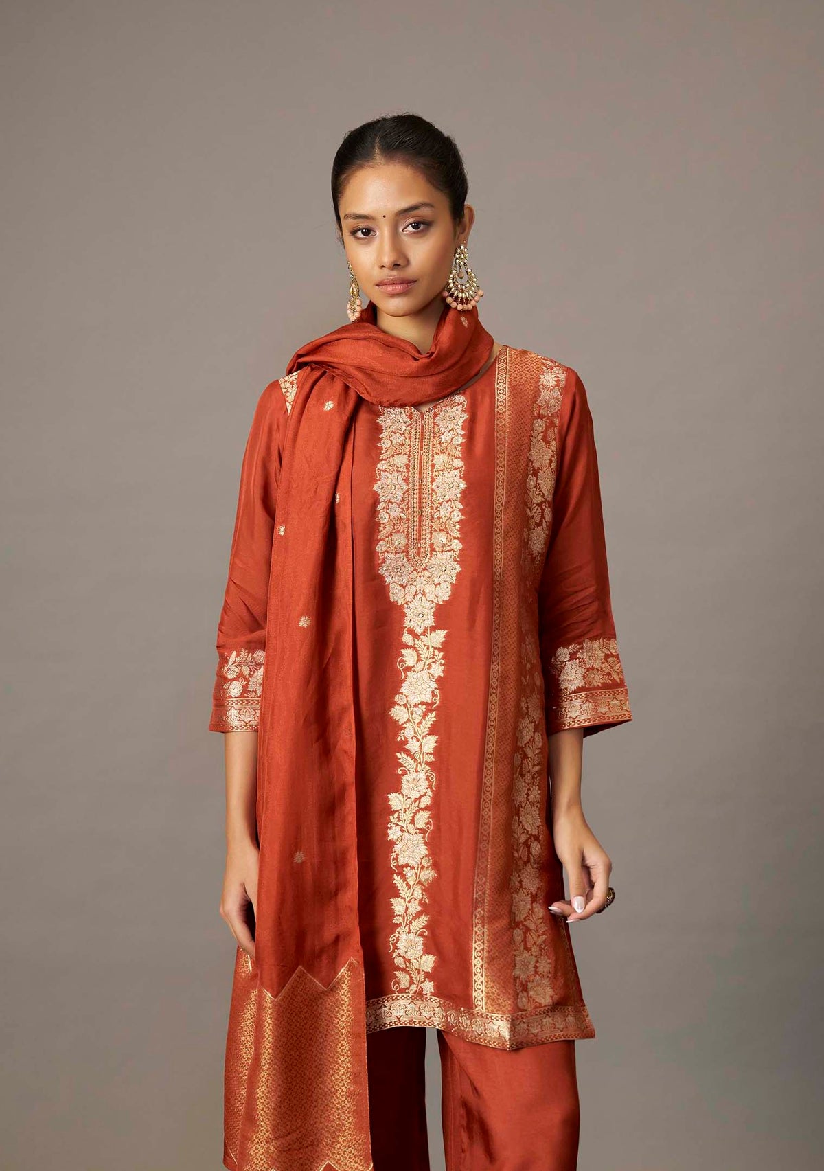 Rust Dola Silk Jacquard Short Kurta with Palazzo Set | Handwork | 3-Piece | Festive 2026