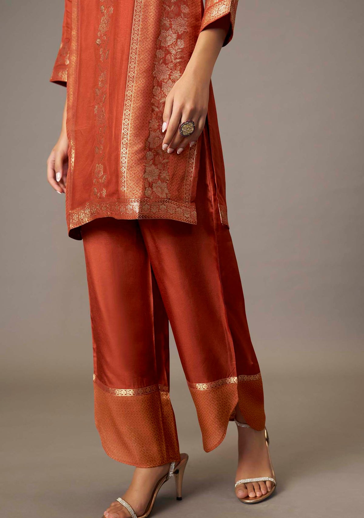 Rust Dola Silk Jacquard Short Kurta with Palazzo Set | Handwork | 3-Piece | Festive 2026