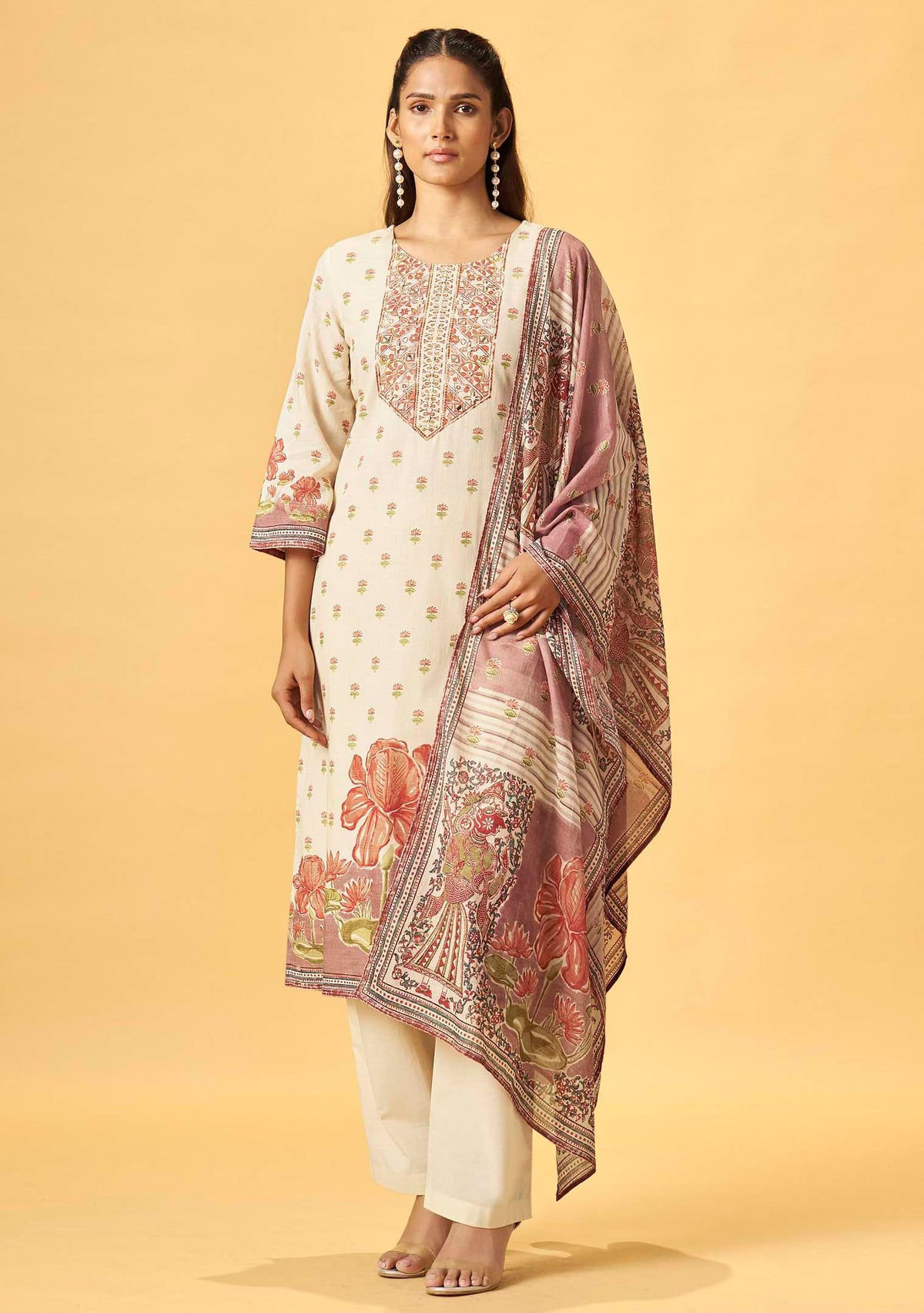 Cream Cotton Linen Digital Print Straight Kurta Set | Handwork Details | Cotton Mal Dupatta | 3-Piece