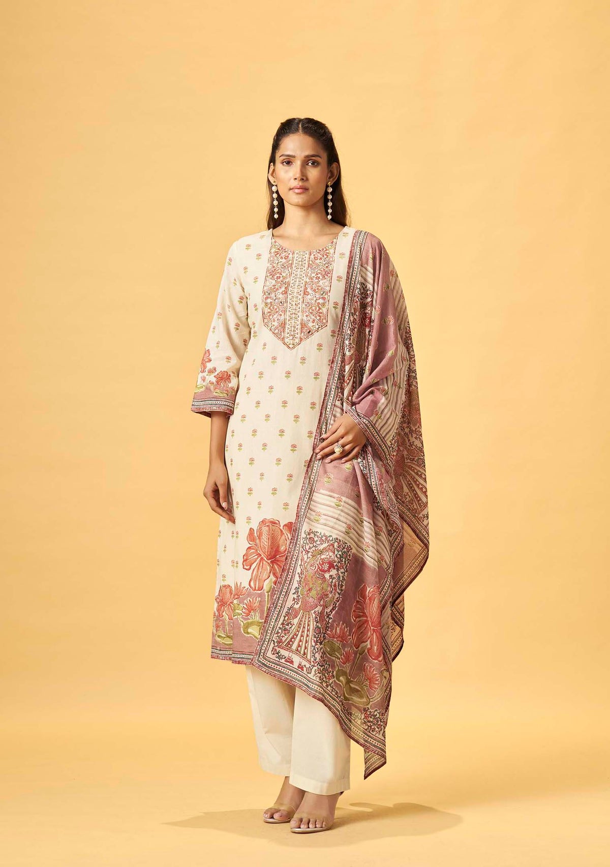 Cream Cotton Linen Digital Print Straight Kurta Set | Handwork Details | Cotton Mal Dupatta | 3-Piece