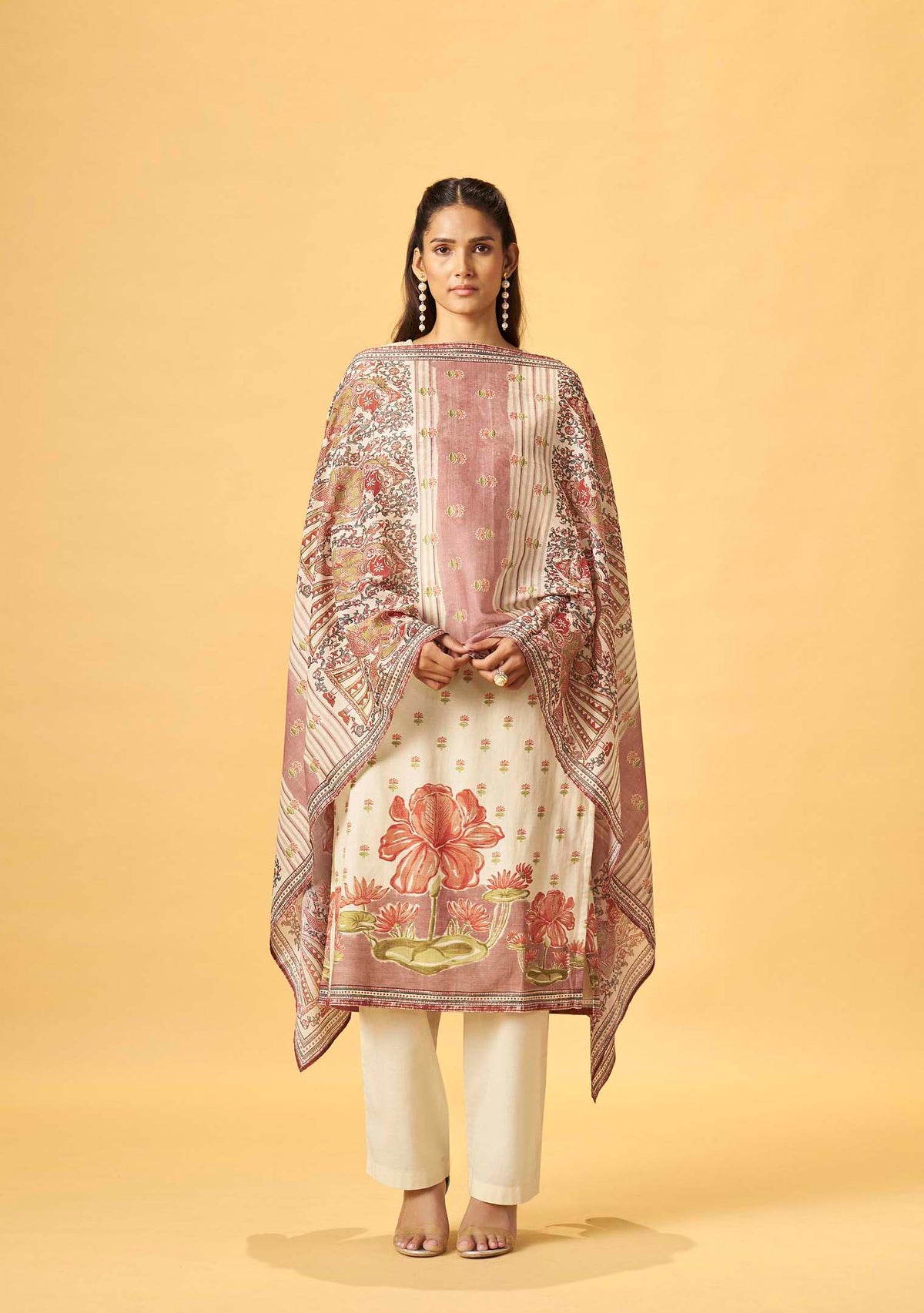 Cream Cotton Linen Digital Print Straight Kurta Set | Handwork Details | Cotton Mal Dupatta | 3-Piece