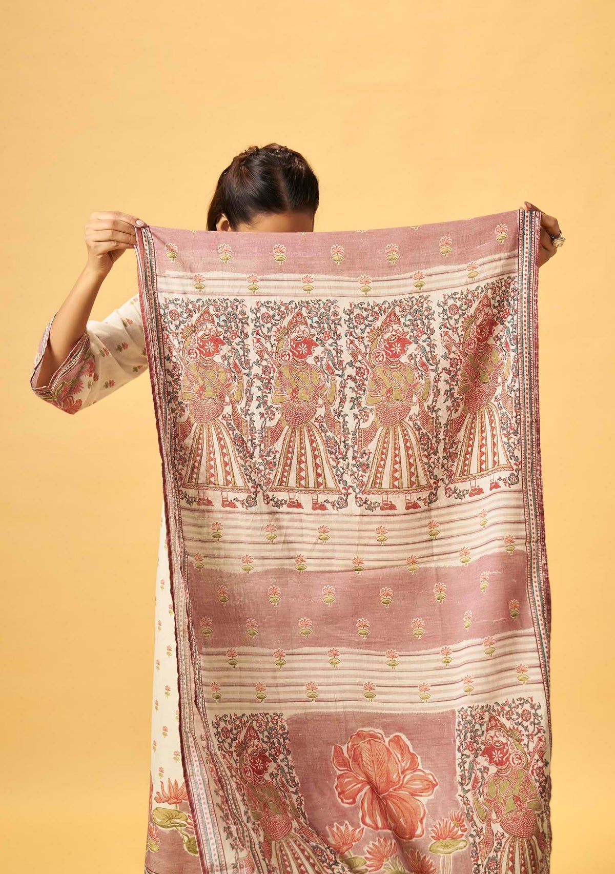 Cream Cotton Linen Digital Print Straight Kurta Set | Handwork Details | Cotton Mal Dupatta | 3-Piece