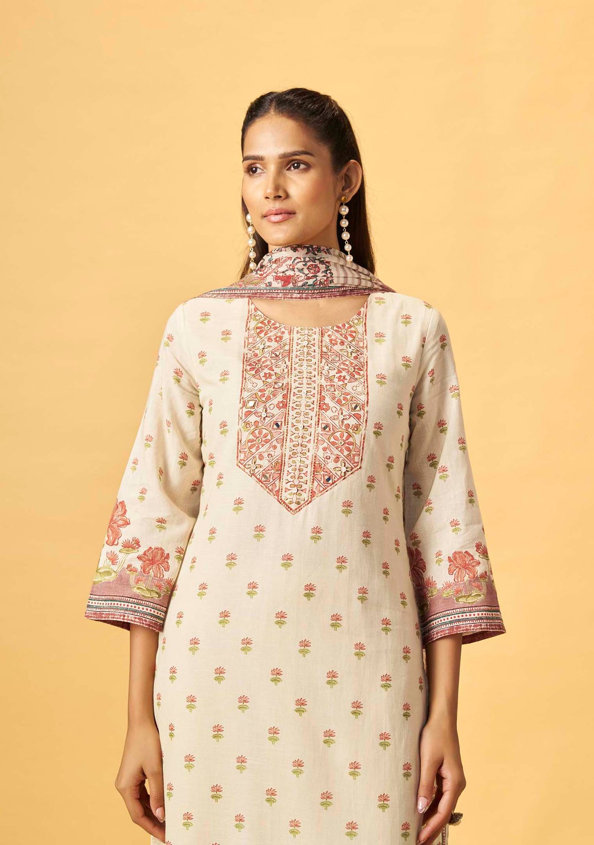 Cream Cotton Linen Digital Print Straight Kurta Set | Handwork Details | Cotton Mal Dupatta | 3-Piece
