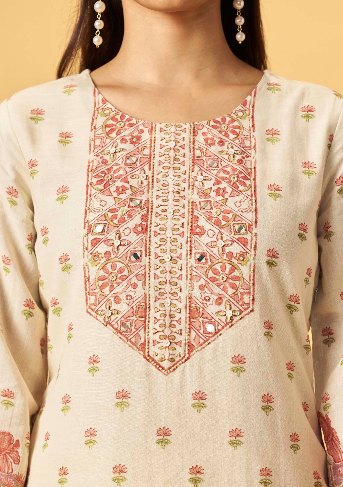 Cream Cotton Linen Digital Print Straight Kurta Set | Handwork Details | Cotton Mal Dupatta | 3-Piece