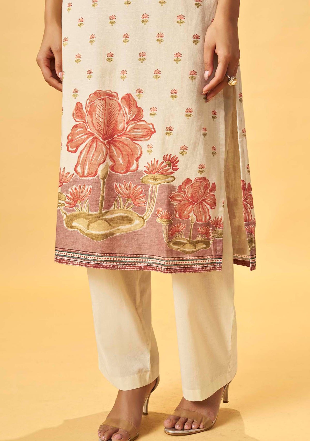Cream Cotton Linen Digital Print Straight Kurta Set | Handwork Details | Cotton Mal Dupatta | 3-Piece