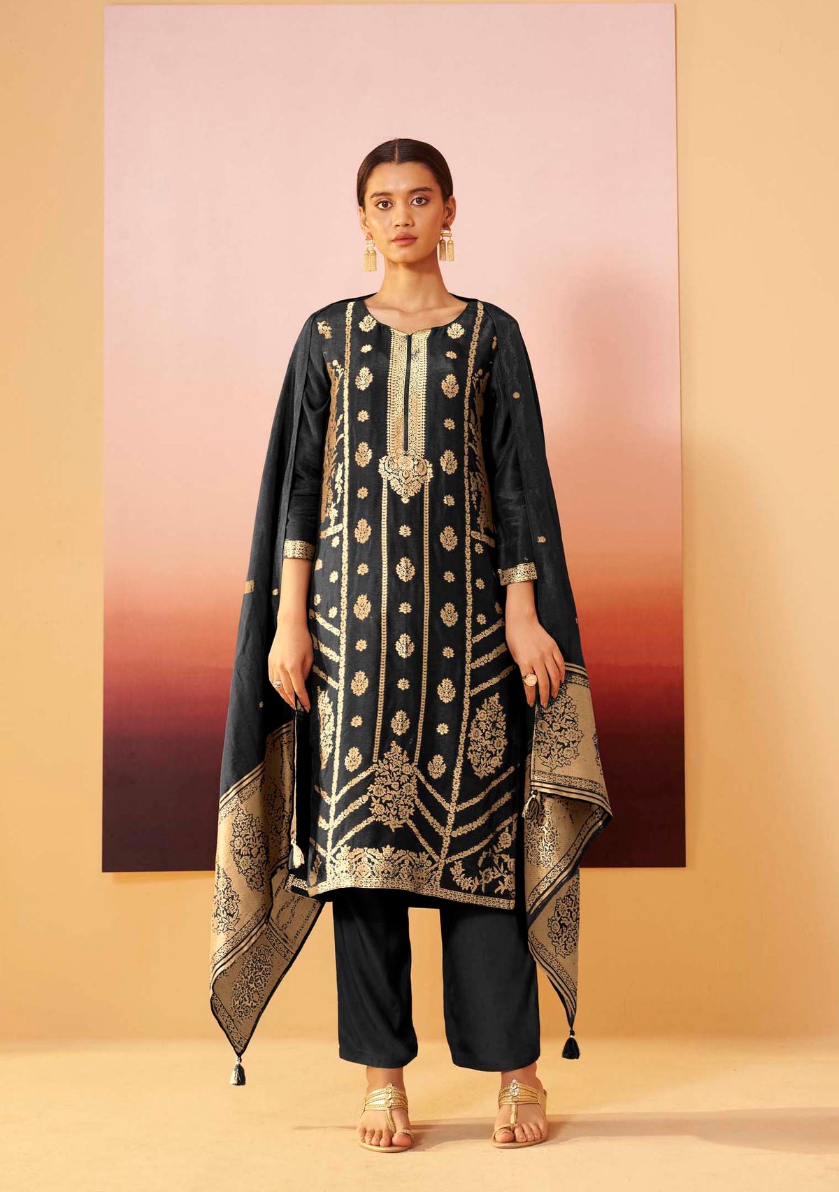 Black Dola Silk Jacquard Straight Kurta Set | Zari Woven 3-Piece | Festive 2026
