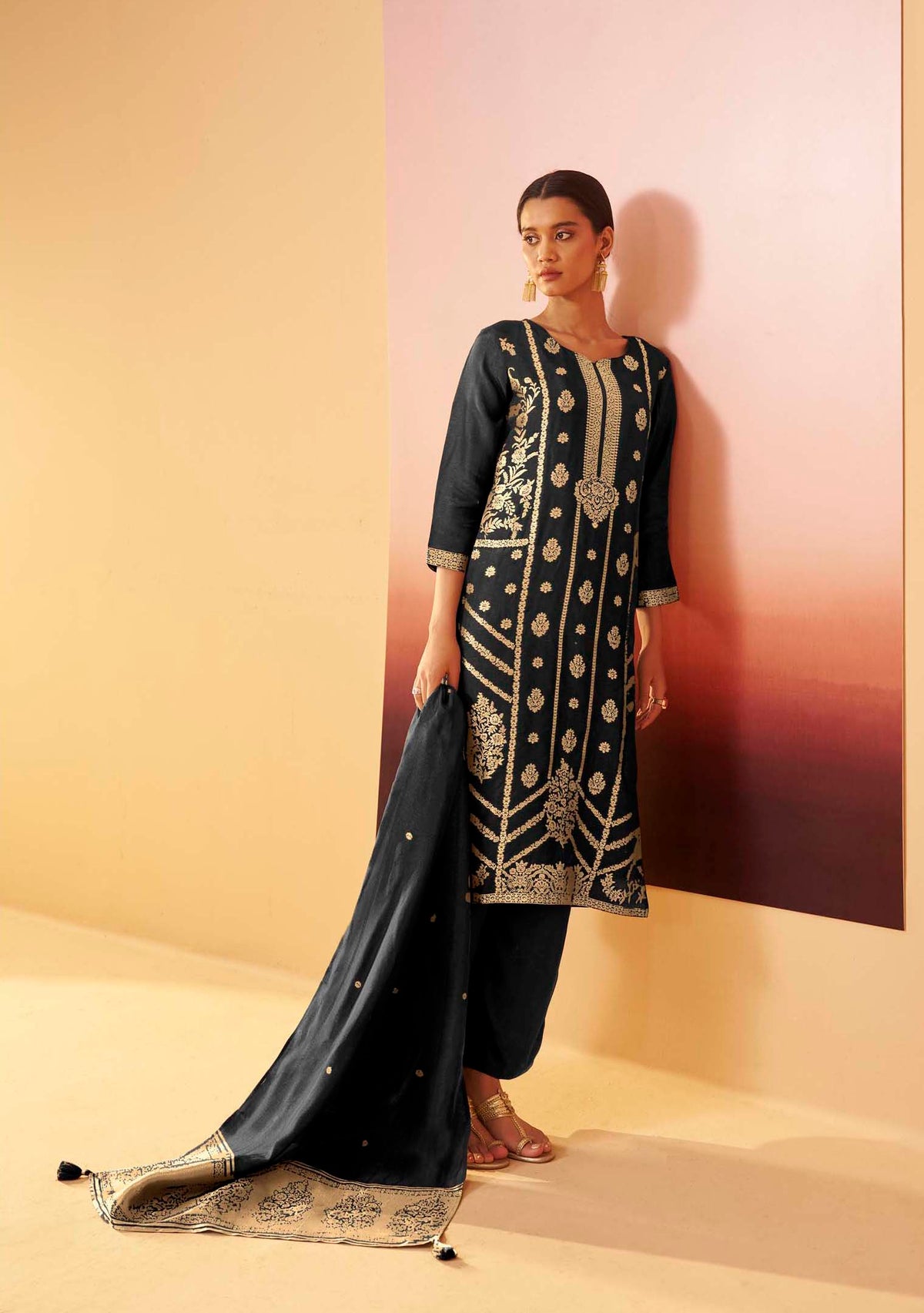Black Dola Silk Jacquard Straight Kurta Set | Zari Woven 3-Piece | Festive 2026