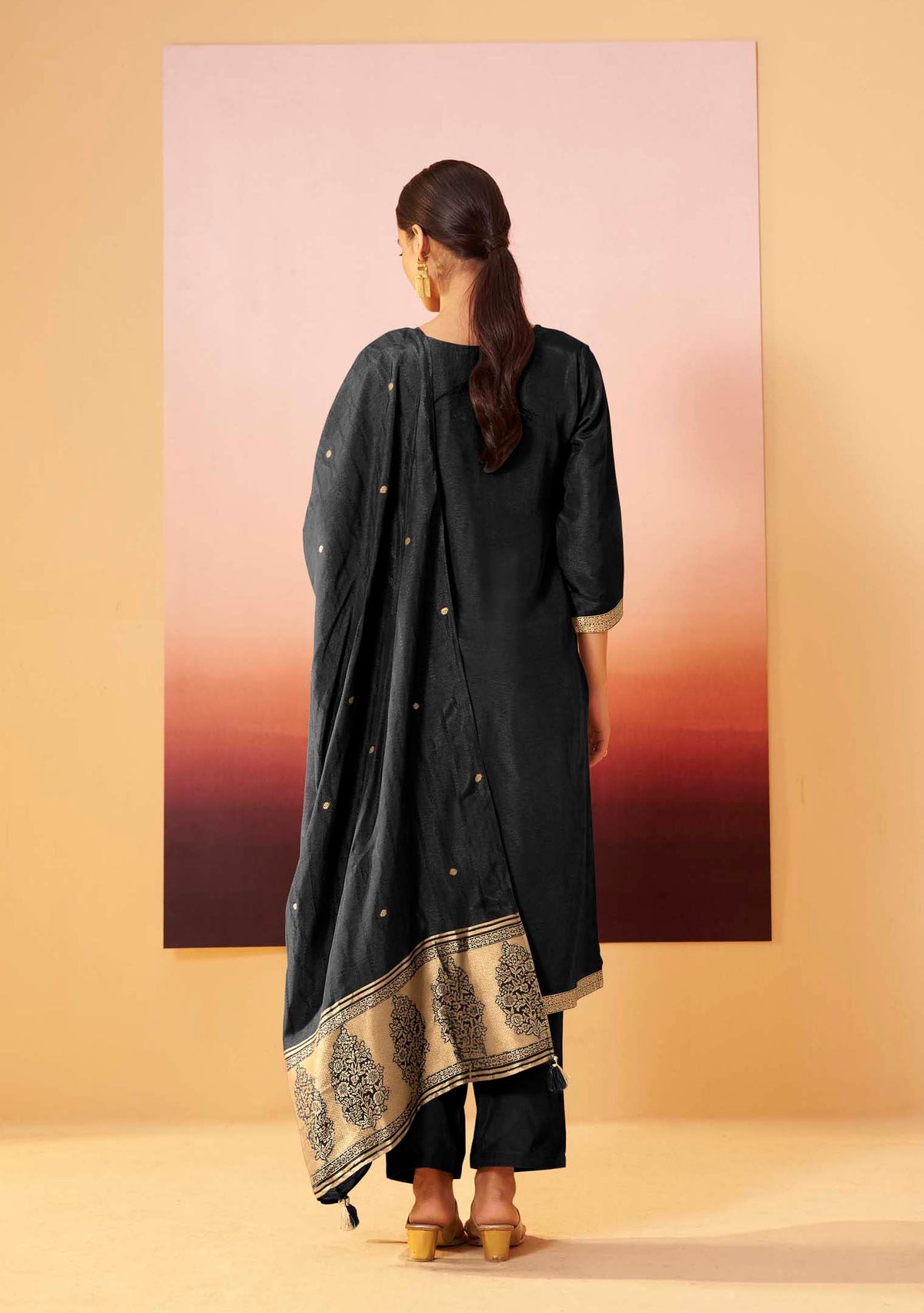 Black Dola Silk Jacquard Straight Kurta Set | Zari Woven 3-Piece | Festive 2026