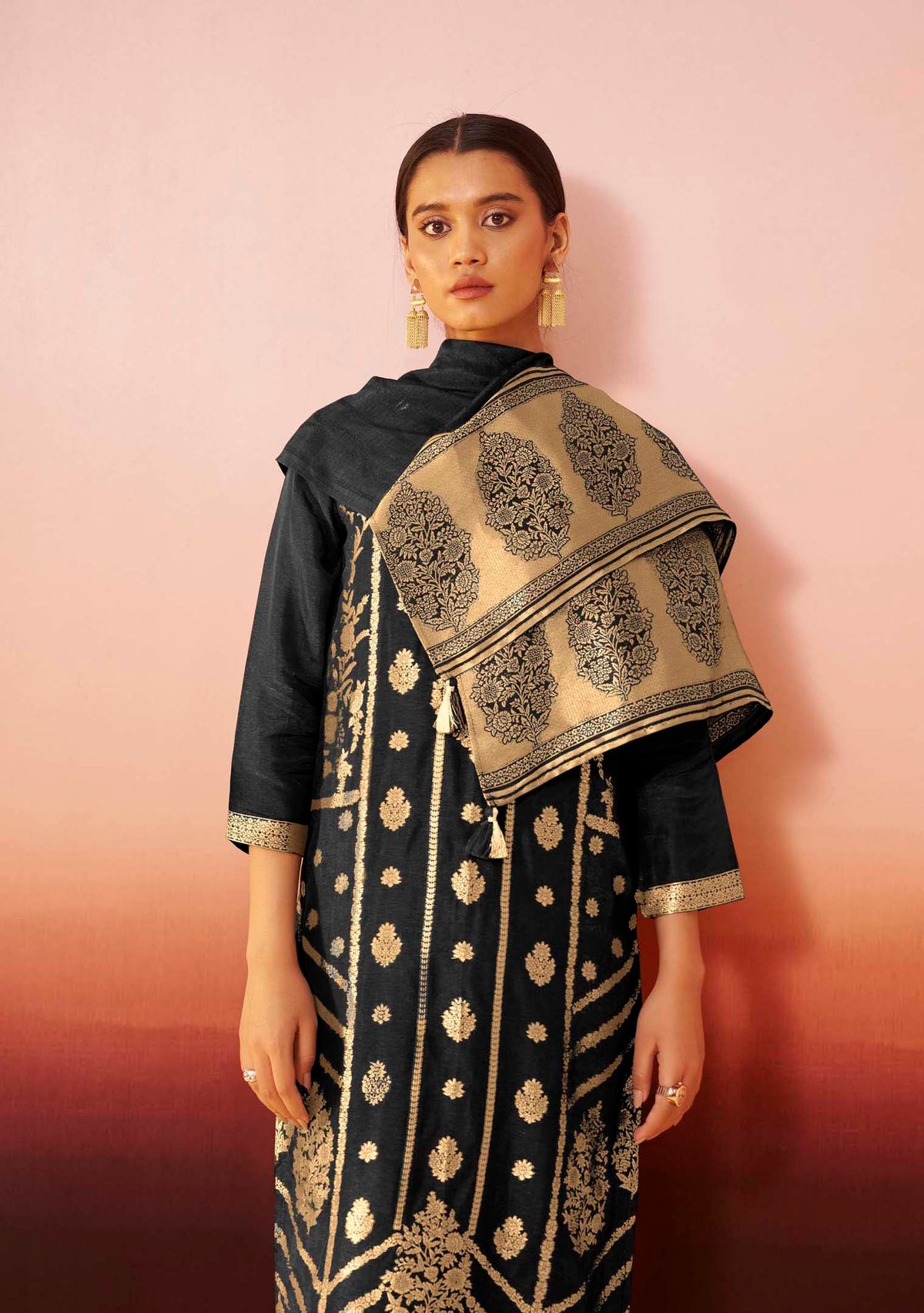 Black Dola Silk Jacquard Straight Kurta Set | Zari Woven 3-Piece | Festive 2026