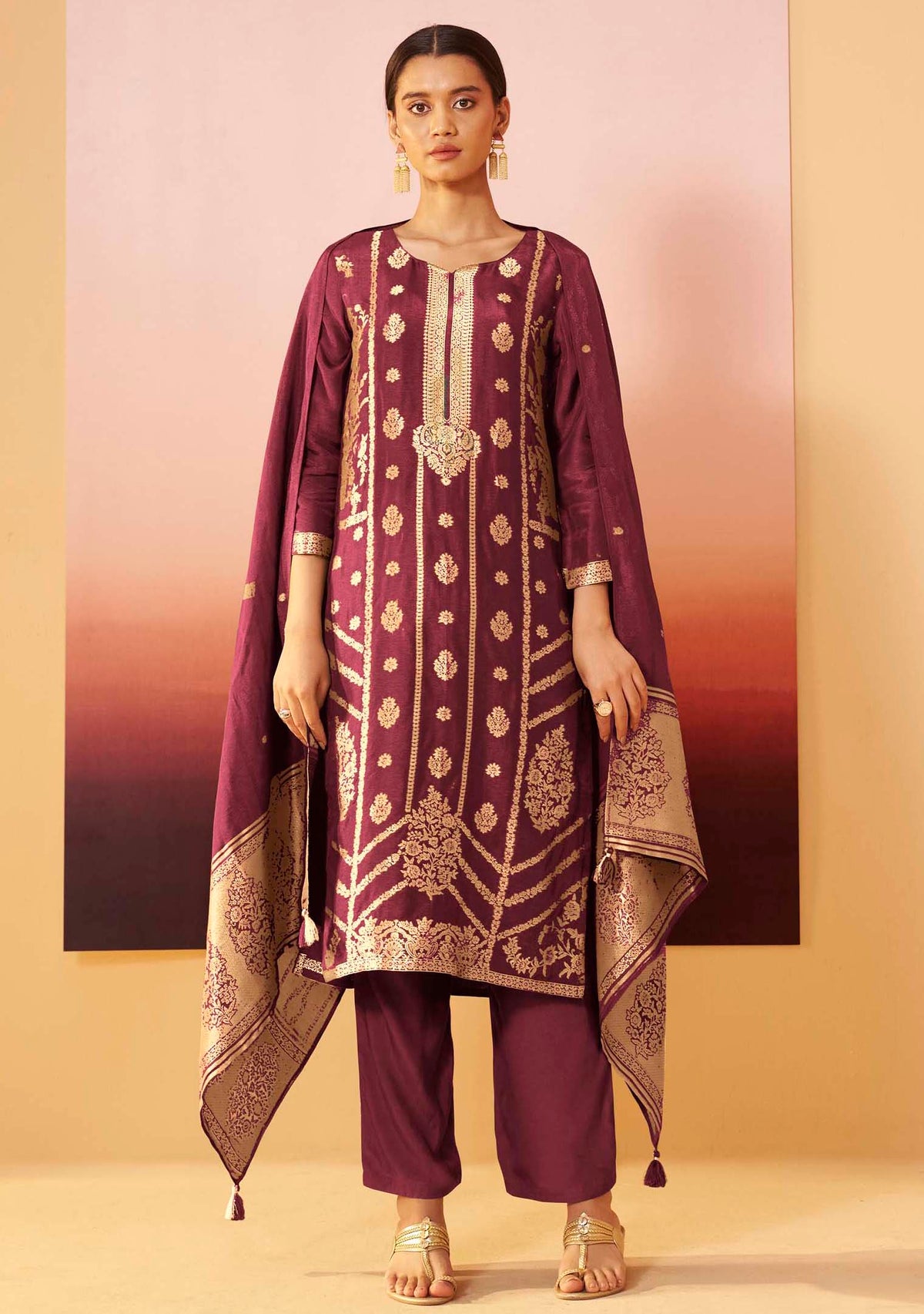 Wine Dola Silk Jacquard Straight Kurta Set | Zari Woven 3-Piece | Festive 2026