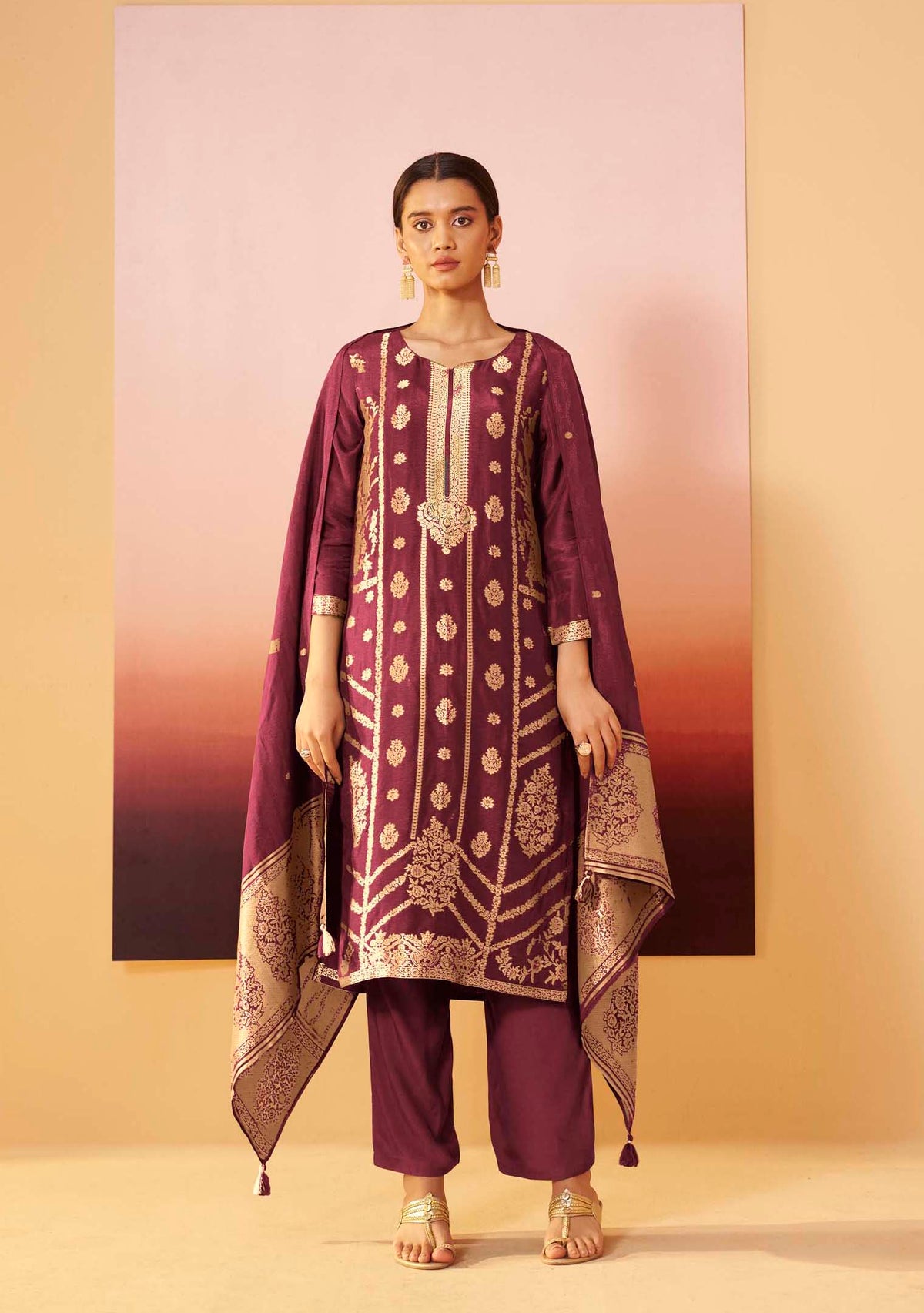 Wine Dola Silk Jacquard Straight Kurta Set | Zari Woven 3-Piece | Festive 2026