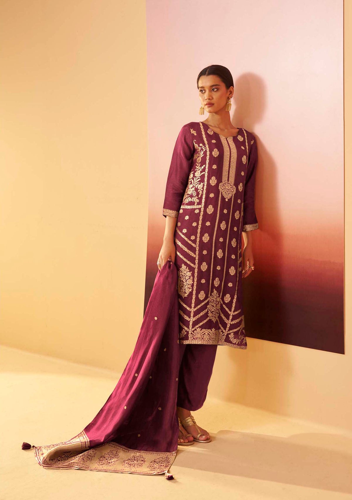 Wine Dola Silk Jacquard Straight Kurta Set | Zari Woven 3-Piece | Festive 2026