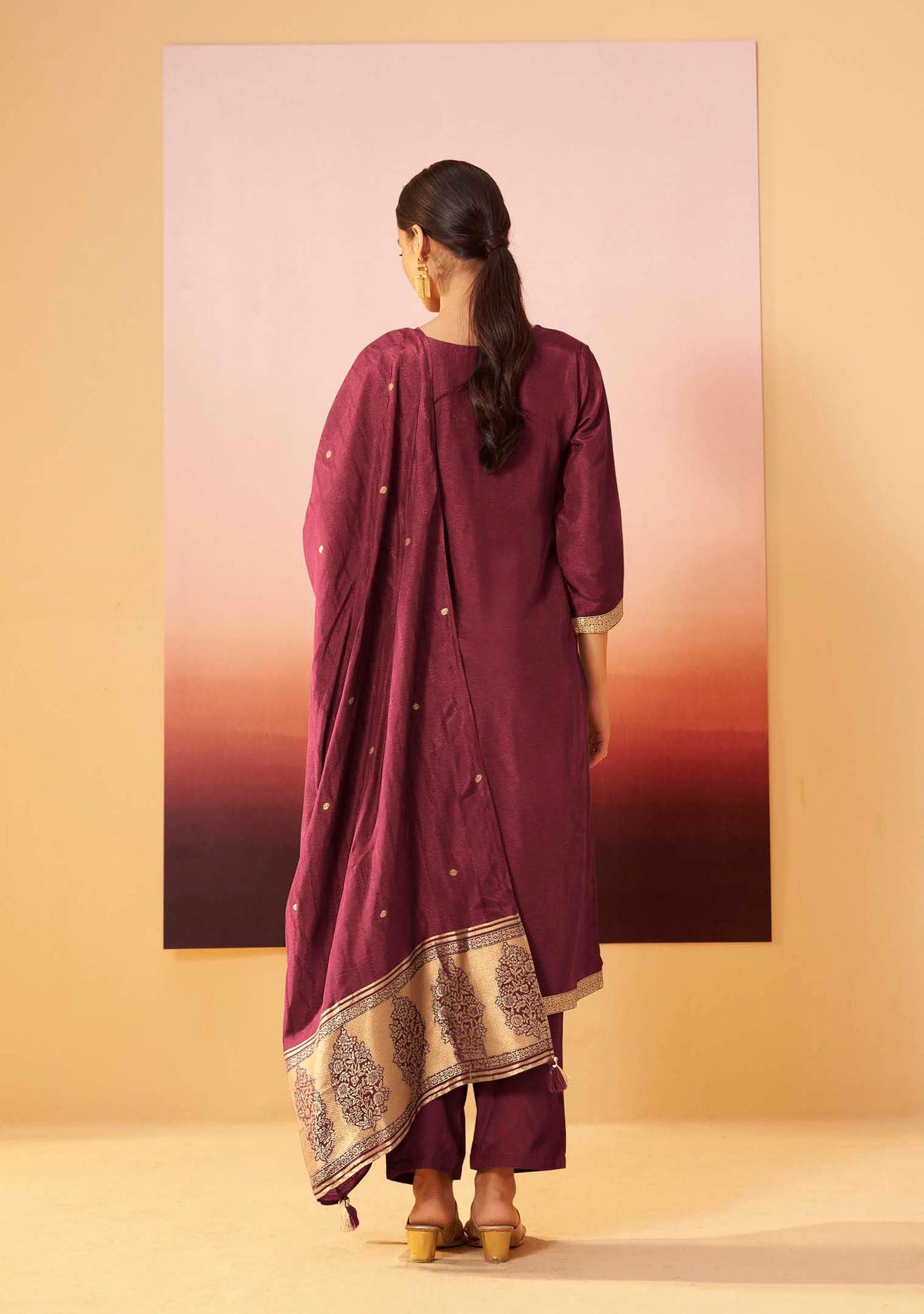 Wine Dola Silk Jacquard Straight Kurta Set | Zari Woven 3-Piece | Festive 2026