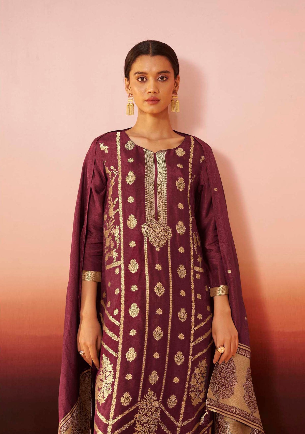 Wine Dola Silk Jacquard Straight Kurta Set | Zari Woven 3-Piece | Festive 2026