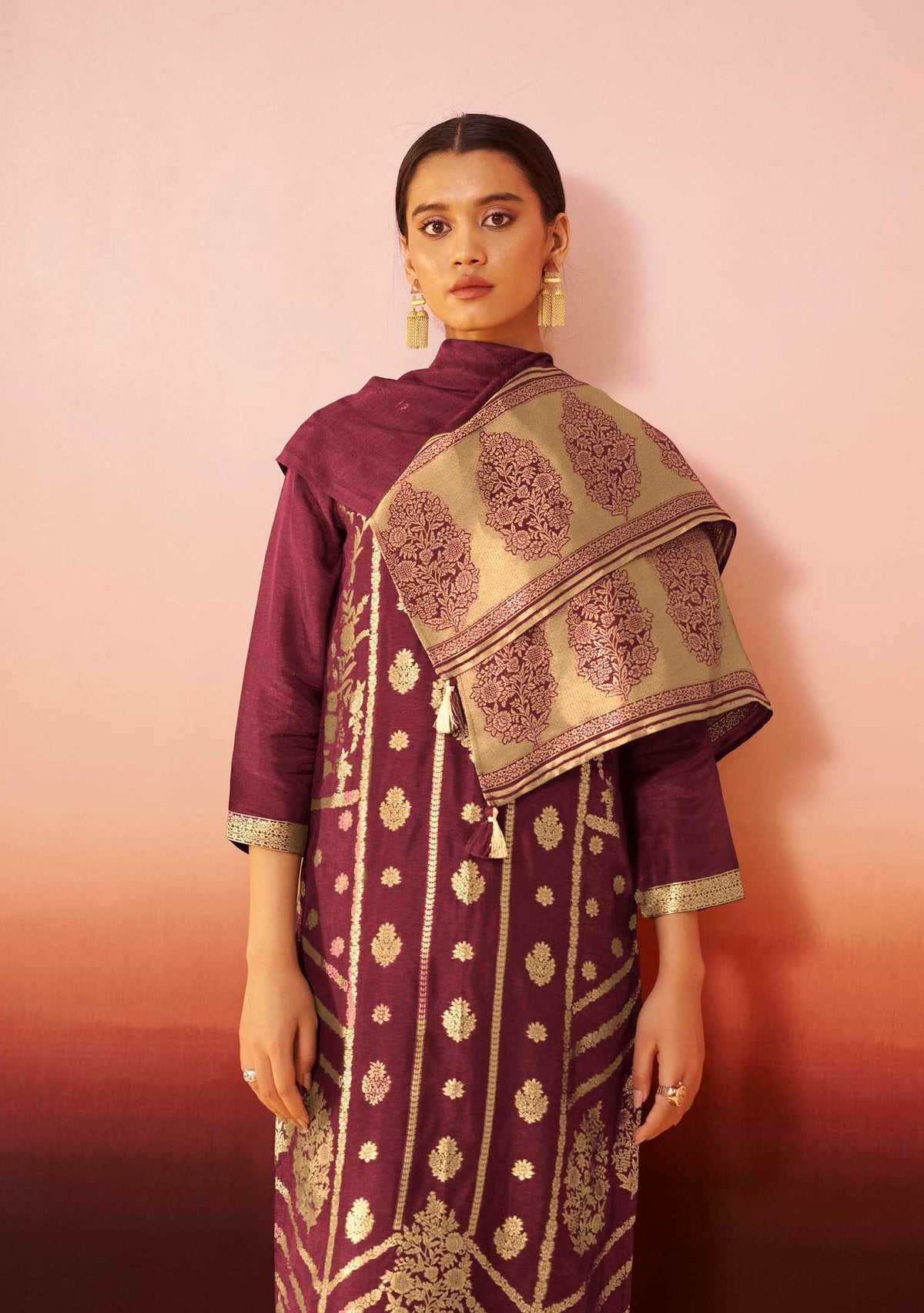 Wine Dola Silk Jacquard Straight Kurta Set | Zari Woven 3-Piece | Festive 2026