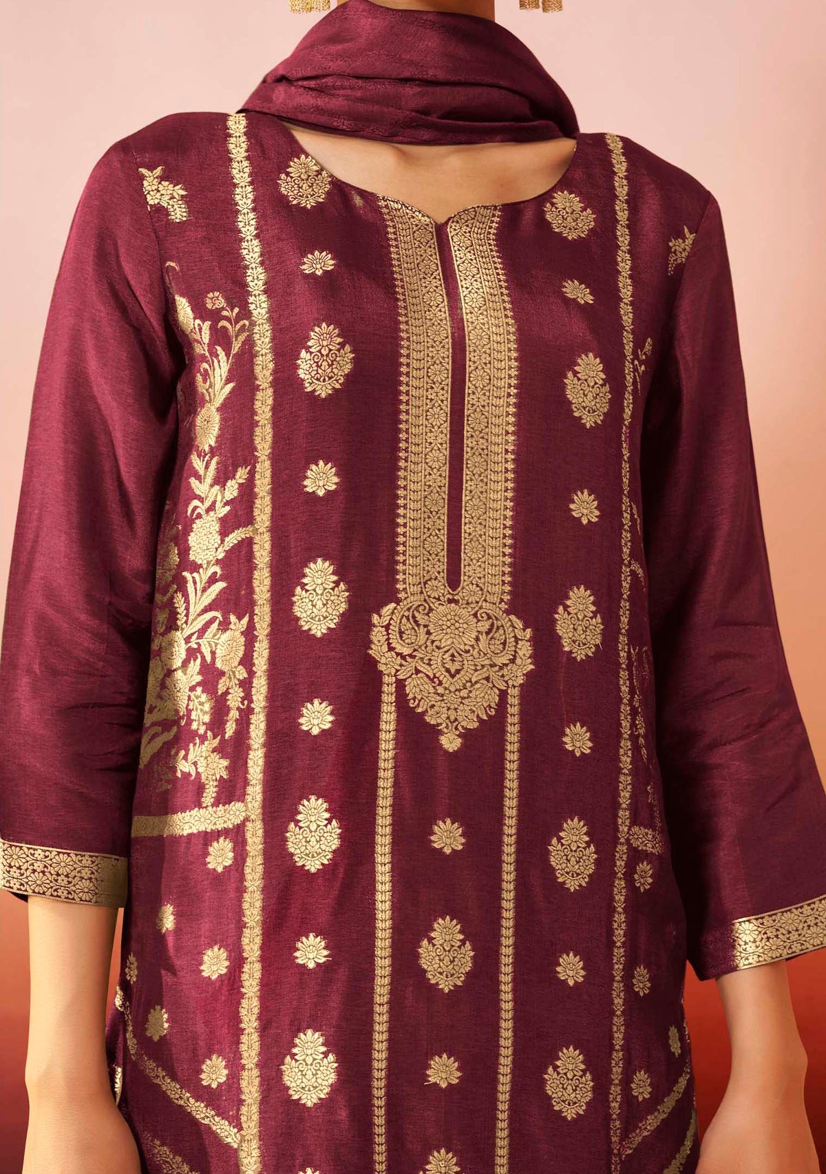 Wine Dola Silk Jacquard Straight Kurta Set | Zari Woven 3-Piece | Festive 2026