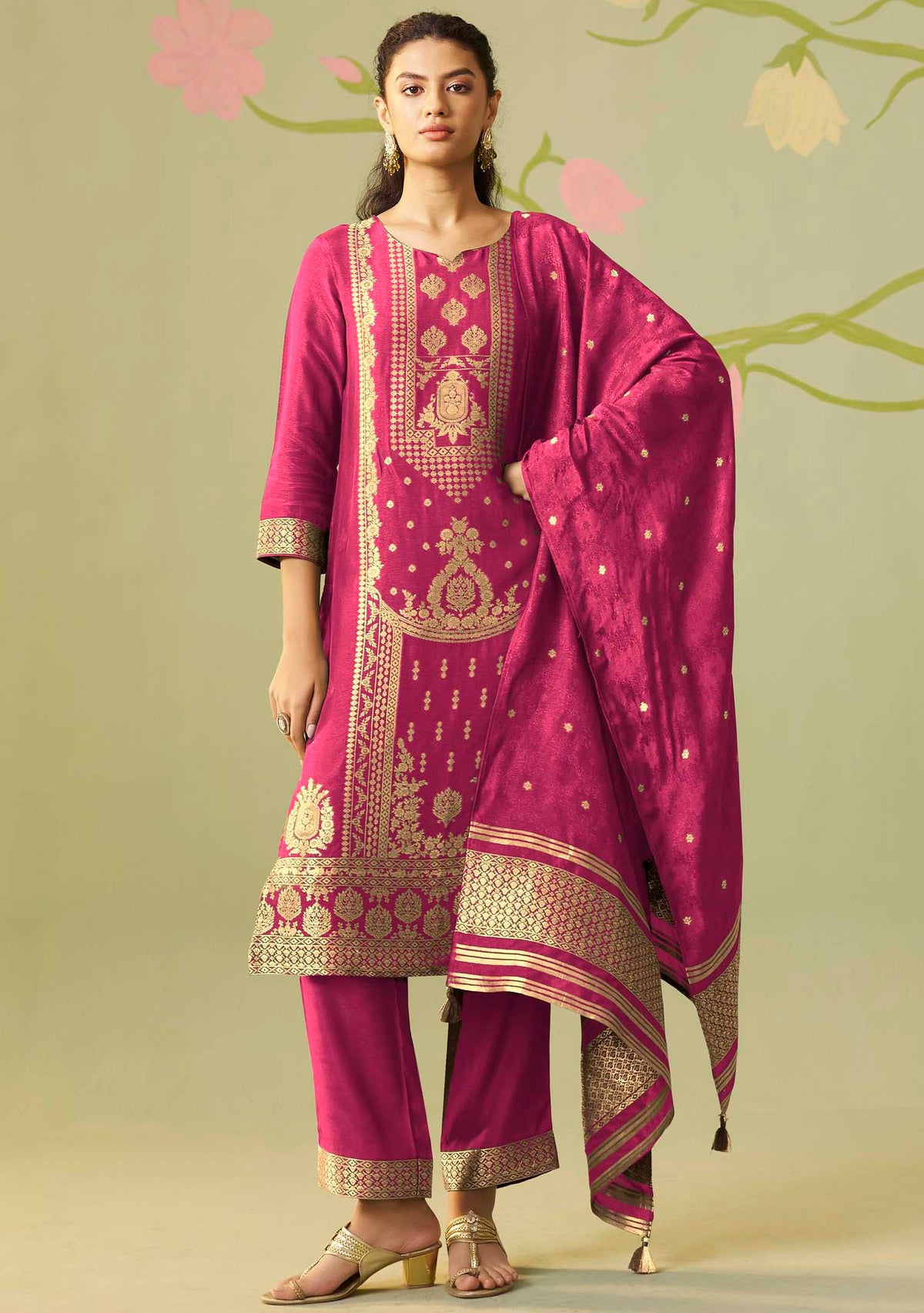 Rani Pink Dola Silk Jacquard Straight Kurta Set | Zari Woven 3-Piece | Festive 2026