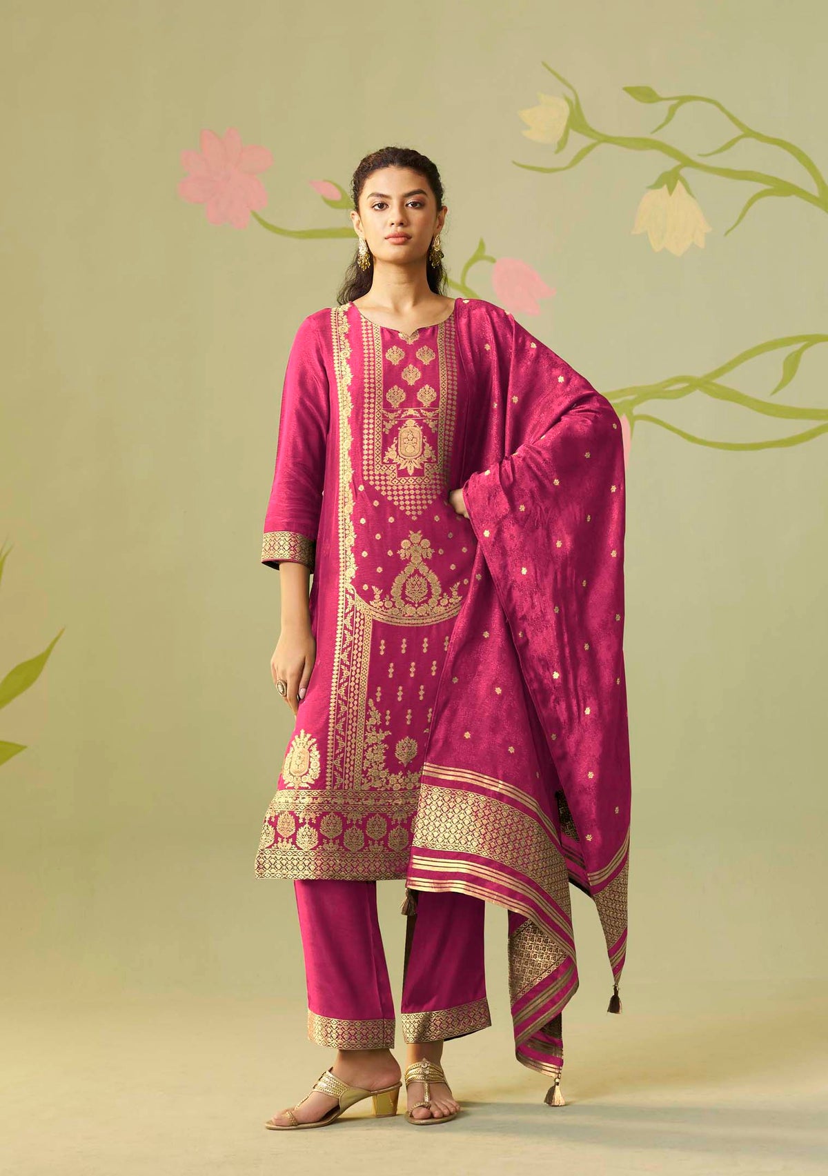 Rani Pink Dola Silk Jacquard Straight Kurta Set | Zari Woven 3-Piece | Festive 2026