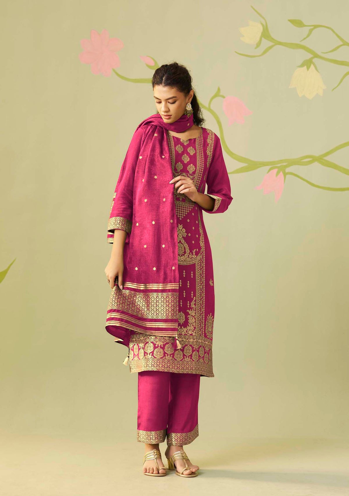 Rani Pink Dola Silk Jacquard Straight Kurta Set | Zari Woven 3-Piece | Festive 2026