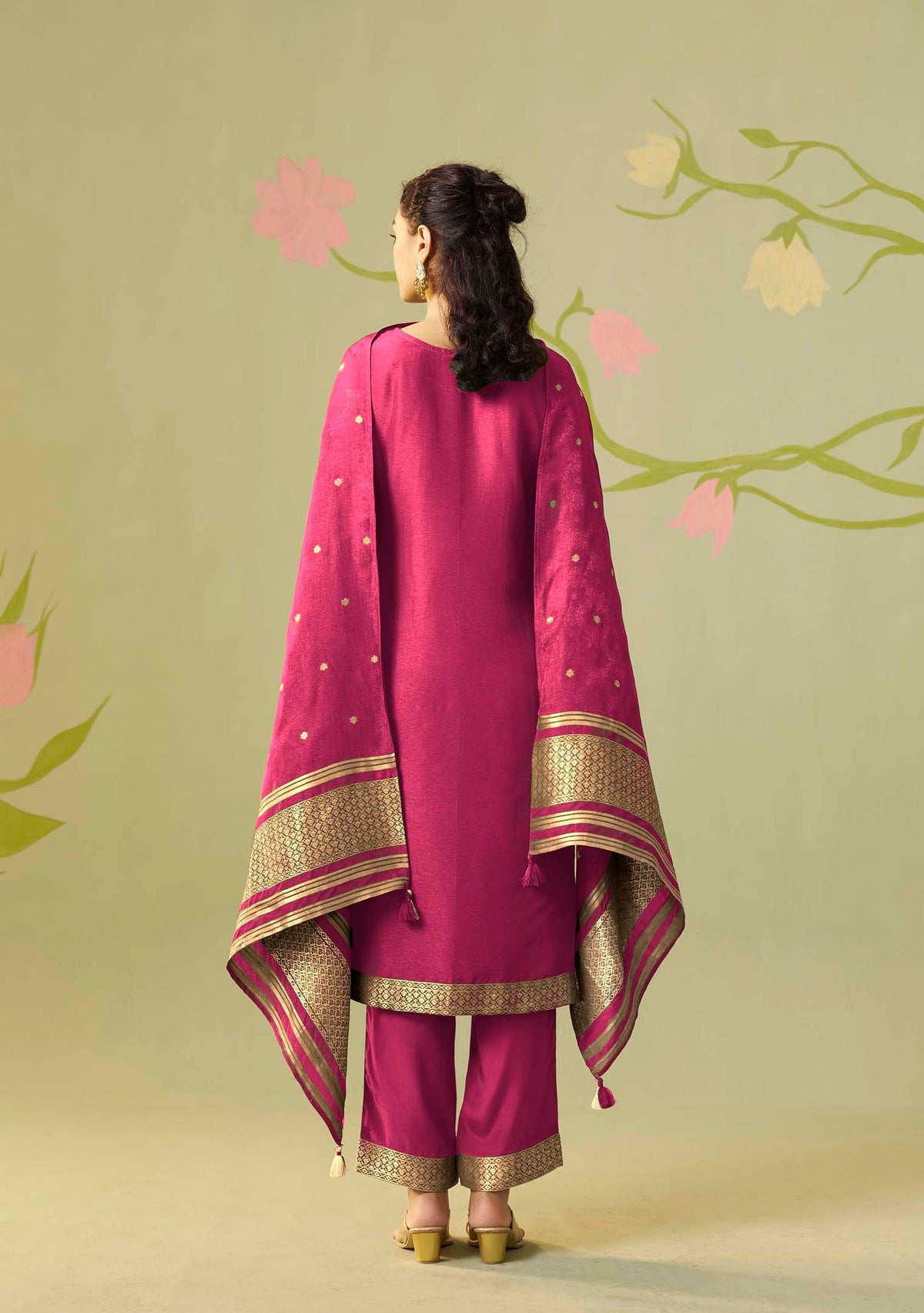 Rani Pink Dola Silk Jacquard Straight Kurta Set | Zari Woven 3-Piece | Festive 2026