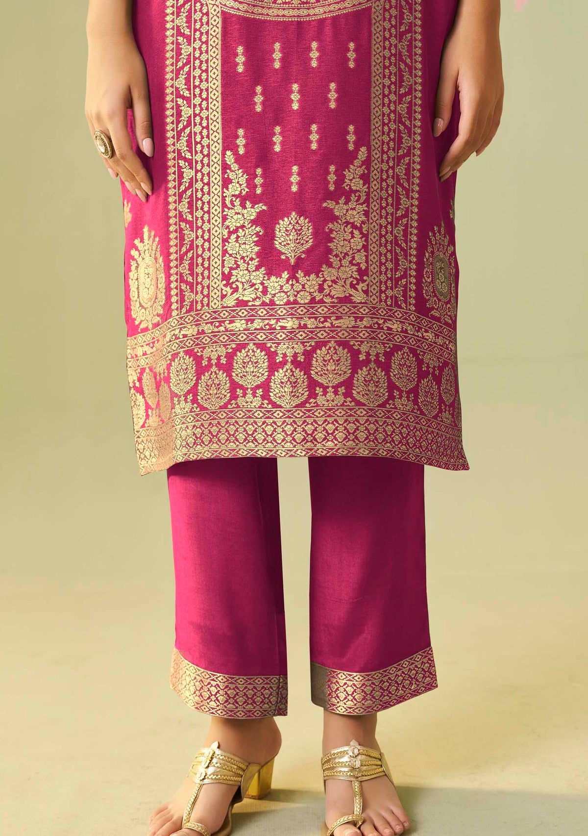 Rani Pink Dola Silk Jacquard Straight Kurta Set | Zari Woven 3-Piece | Festive 2026