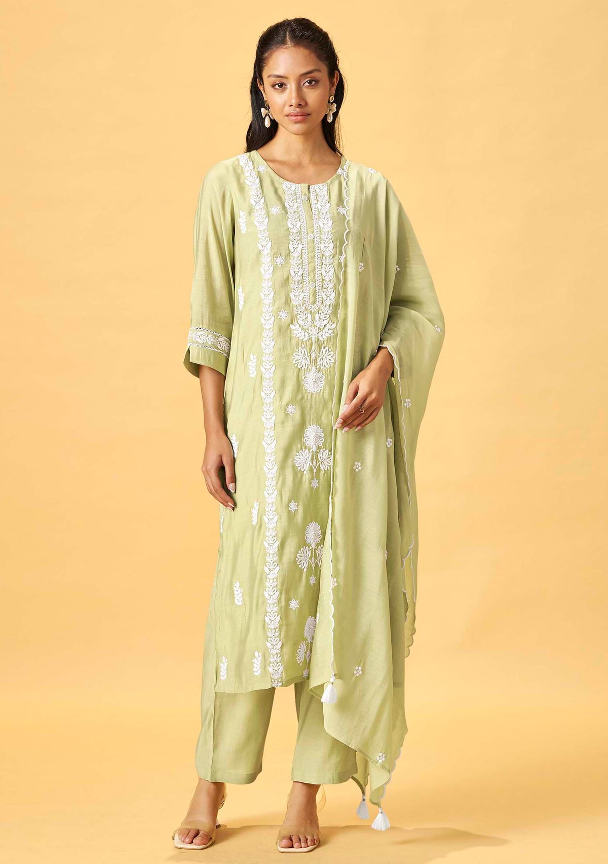 Green Chanderi Chikankari Straight Kurta Set | Embroidered Dupatta | 3-Piece | Festive 2026
