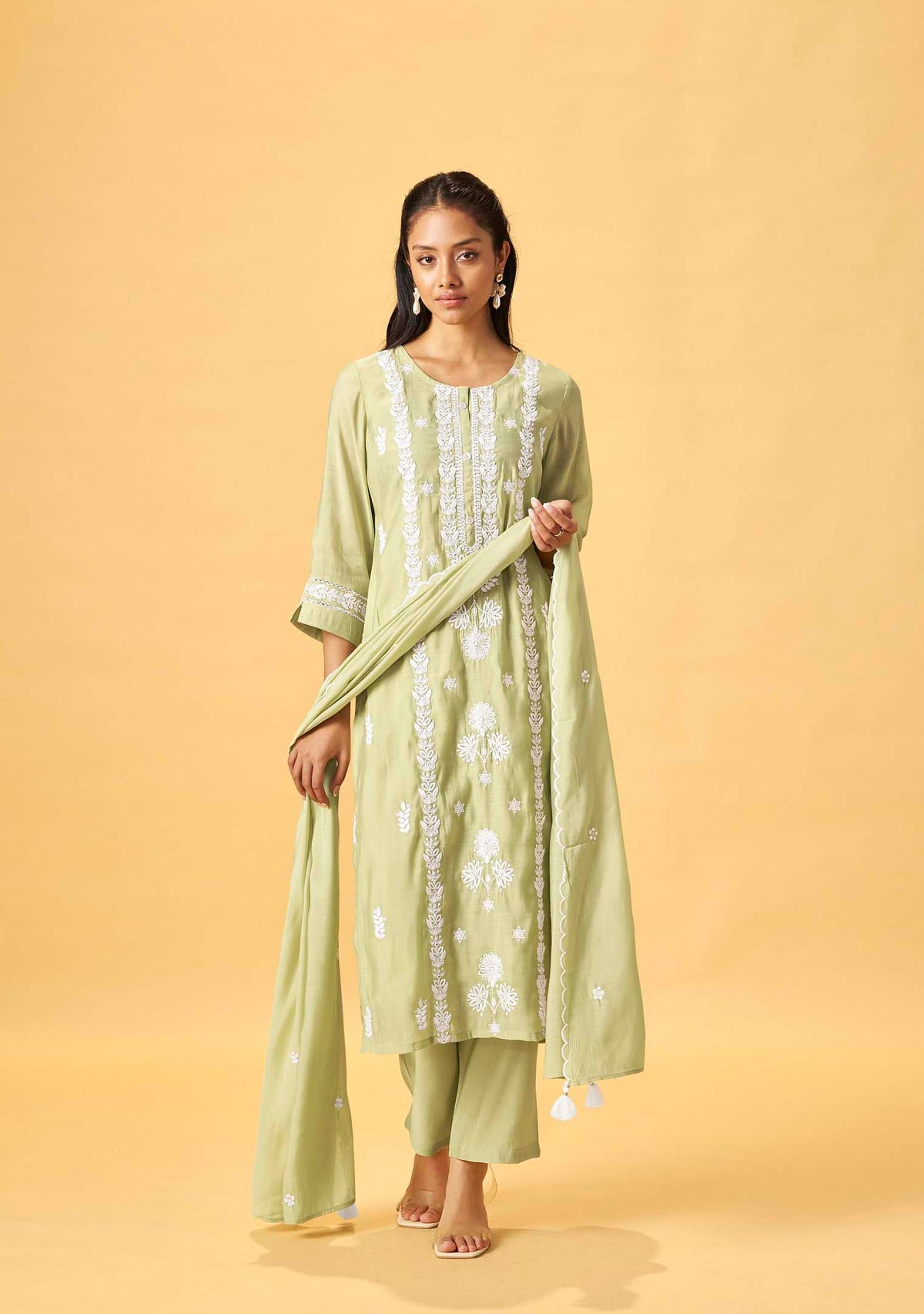 Green Chanderi Chikankari Straight Kurta Set | Embroidered Dupatta | 3-Piece | Festive 2026