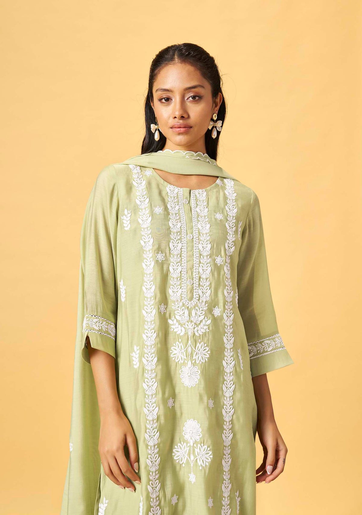 Green Chanderi Chikankari Straight Kurta Set | Embroidered Dupatta | 3-Piece | Festive 2026
