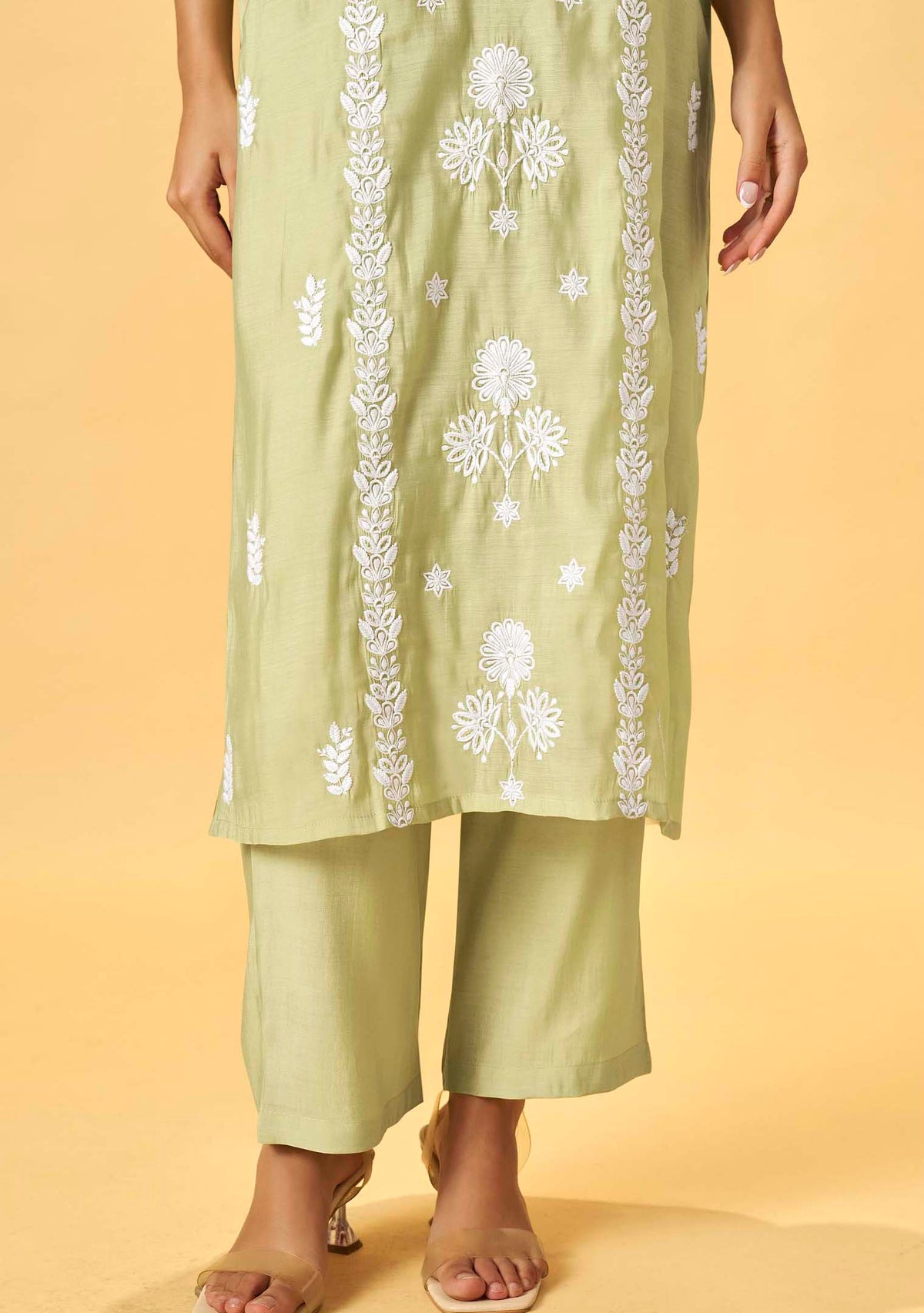 Green Chanderi Chikankari Straight Kurta Set | Embroidered Dupatta | 3-Piece | Festive 2026