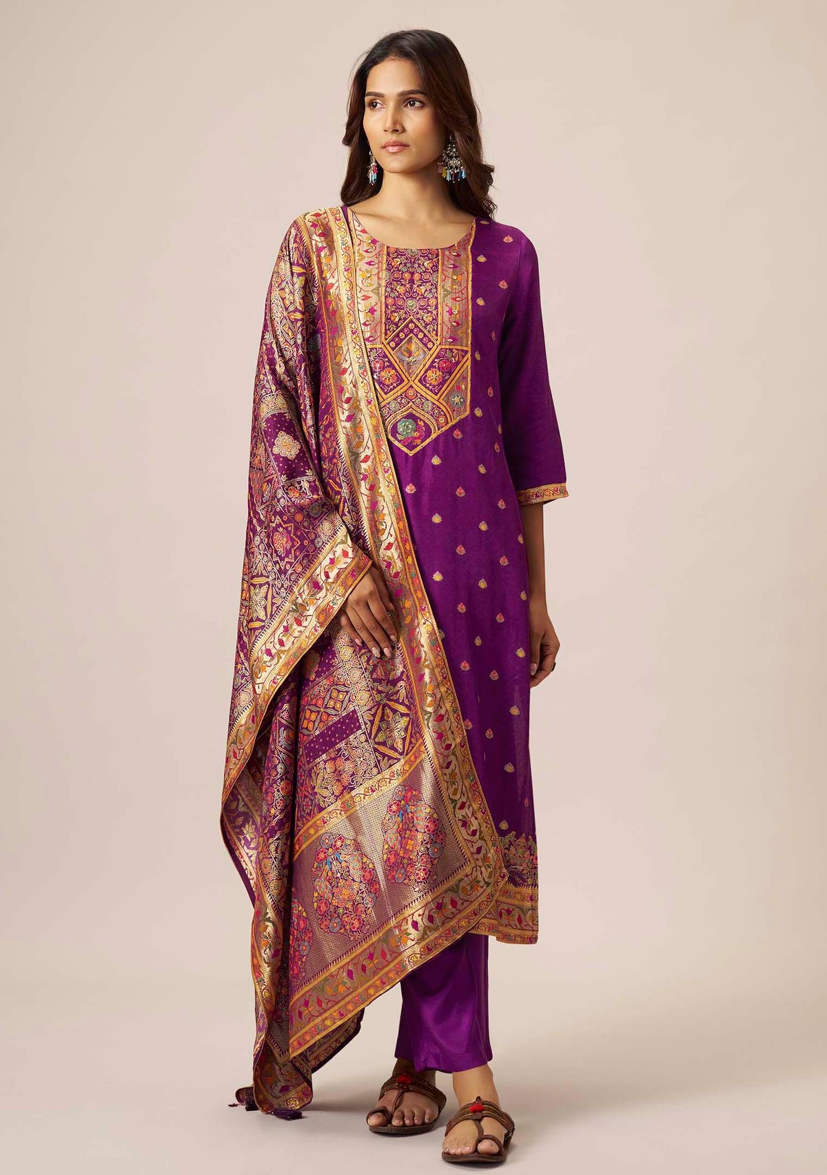 Royal Purple Dola Silk Straight Kurta Set | Position Print Multicolour Jacquard Dupatta | Handwork | Festive 2026