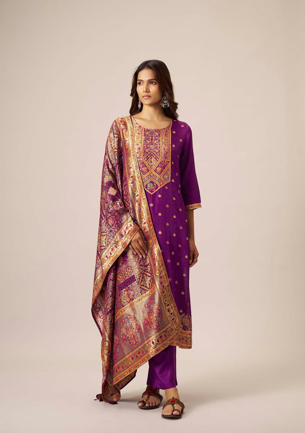 Royal Purple Dola Silk Straight Kurta Set | Position Print Multicolour Jacquard Dupatta | Handwork | Festive 2026