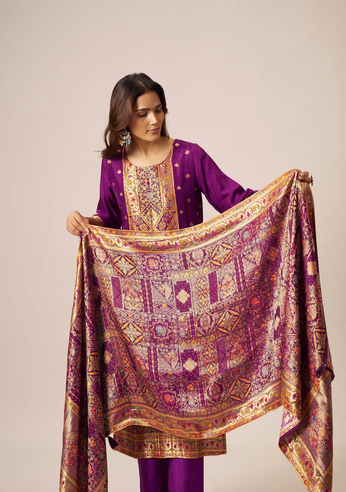 Royal Purple Dola Silk Straight Kurta Set | Position Print Multicolour Jacquard Dupatta | Handwork | Festive 2026