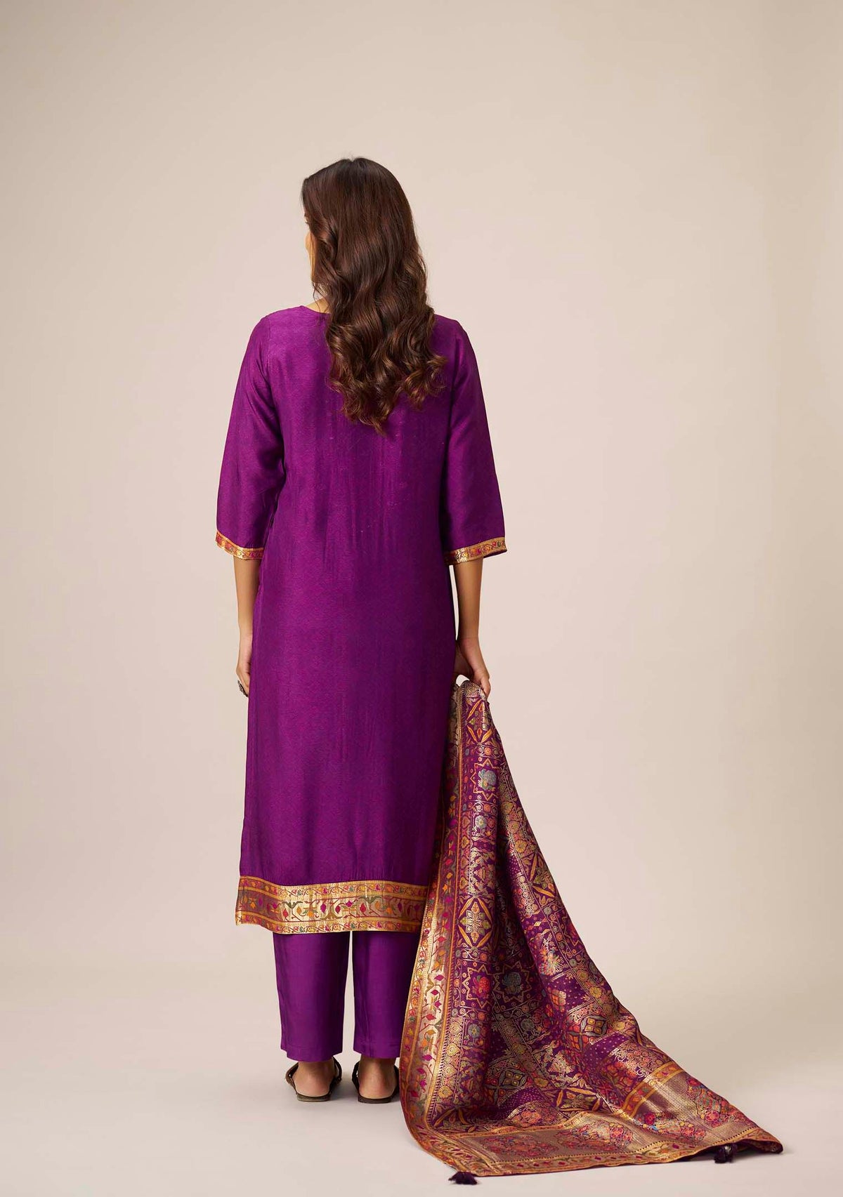 Royal Purple Dola Silk Straight Kurta Set | Position Print Multicolour Jacquard Dupatta | Handwork | Festive 2026