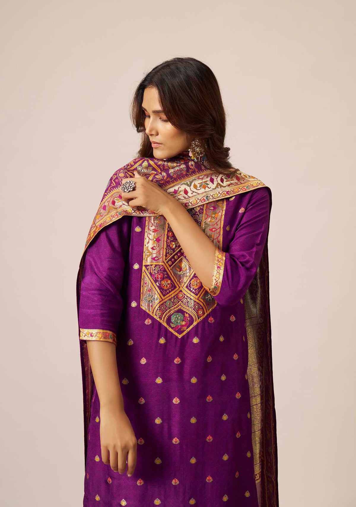 Royal Purple Dola Silk Straight Kurta Set | Position Print Multicolour Jacquard Dupatta | Handwork | Festive 2026