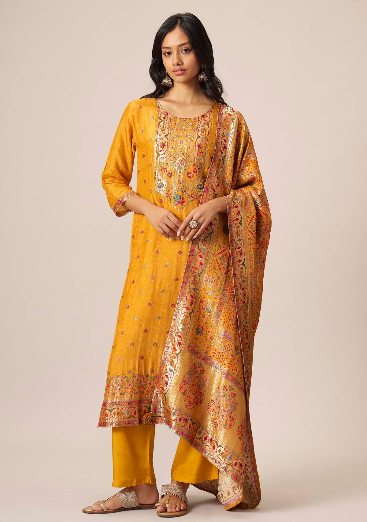 Mustard Dola Silk Straight Kurta Set | Position Print Multicolour Jacquard Dupatta | Handwork | Festive 2026