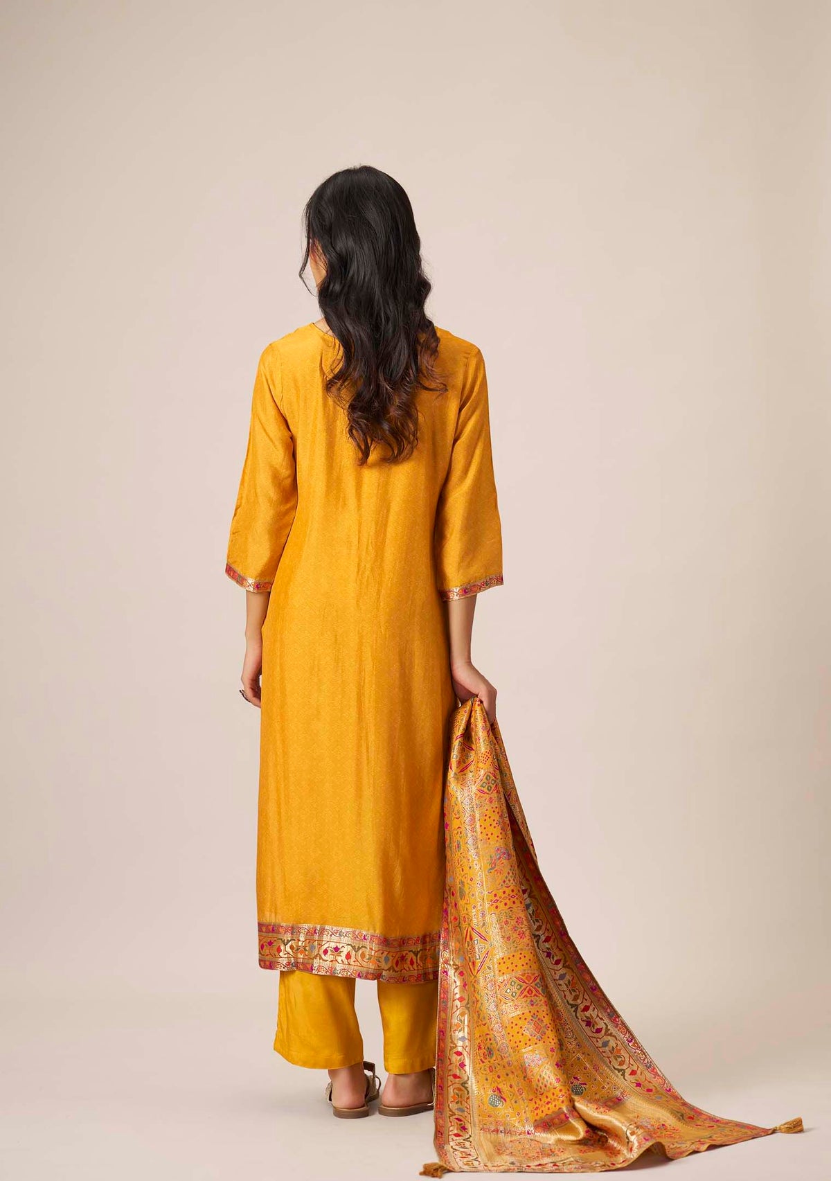 Mustard Dola Silk Straight Kurta Set | Position Print Multicolour Jacquard Dupatta | Handwork | Festive 2026