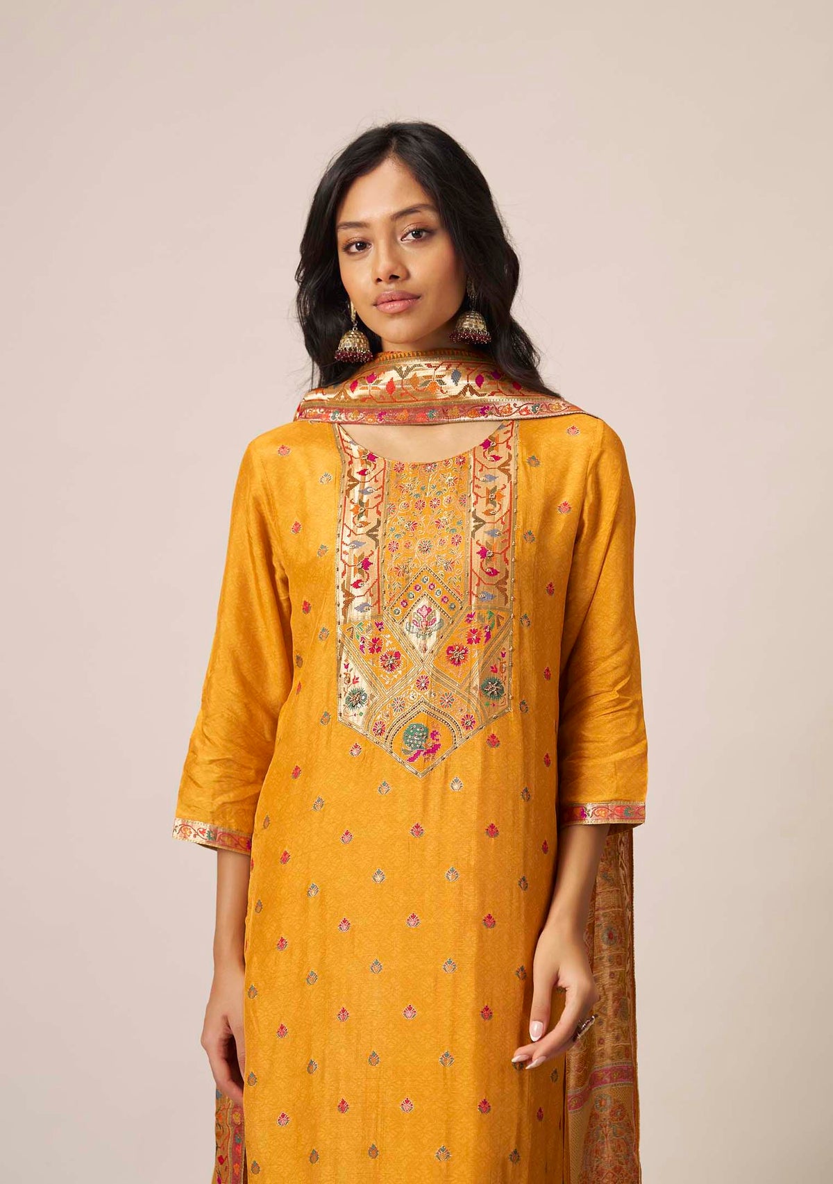 Mustard Dola Silk Straight Kurta Set | Position Print Multicolour Jacquard Dupatta | Handwork | Festive 2026