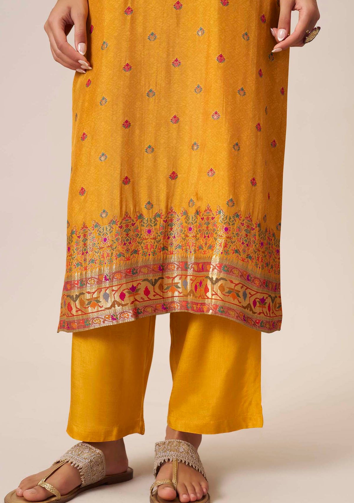 Mustard Dola Silk Straight Kurta Set | Position Print Multicolour Jacquard Dupatta | Handwork | Festive 2026