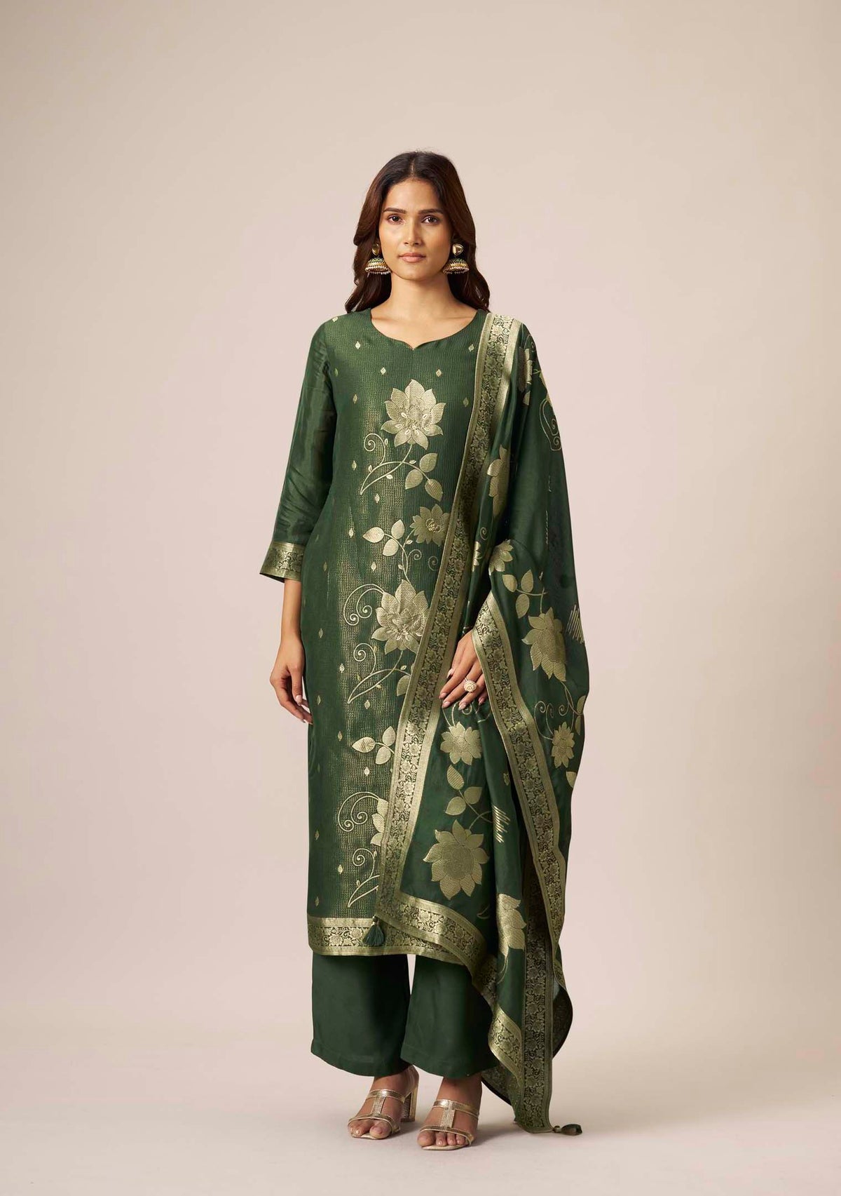 Bottle Green Dola Silk Floral Jacquard Straight Kurta Set with Handwork | 3-Piece | Festive 2026