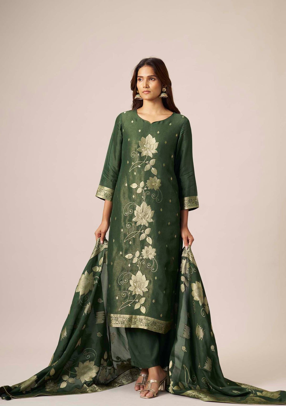 Bottle Green Dola Silk Floral Jacquard Straight Kurta Set with Handwork | 3-Piece | Festive 2026