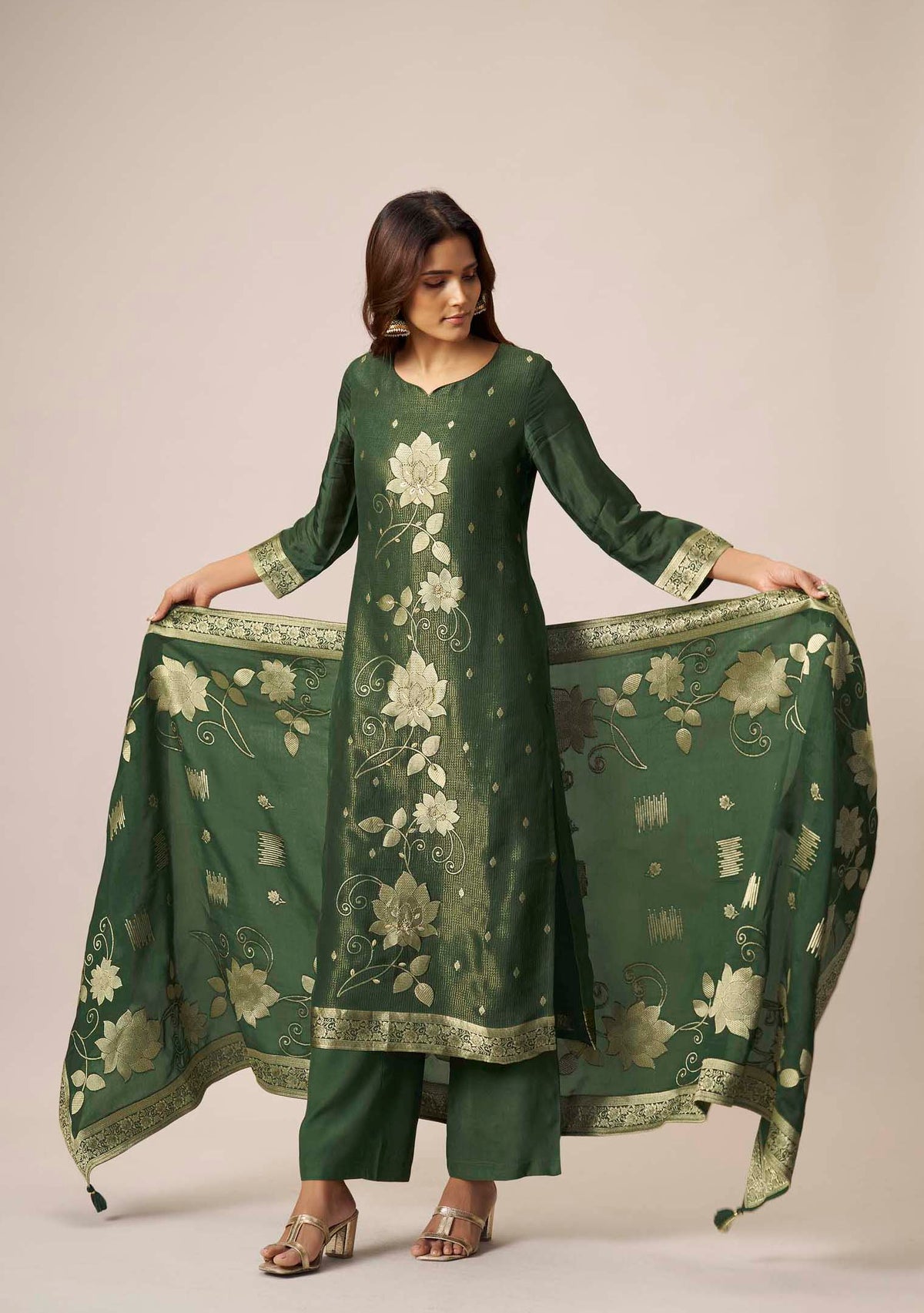 Bottle Green Dola Silk Floral Jacquard Straight Kurta Set with Handwork | 3-Piece | Festive 2026