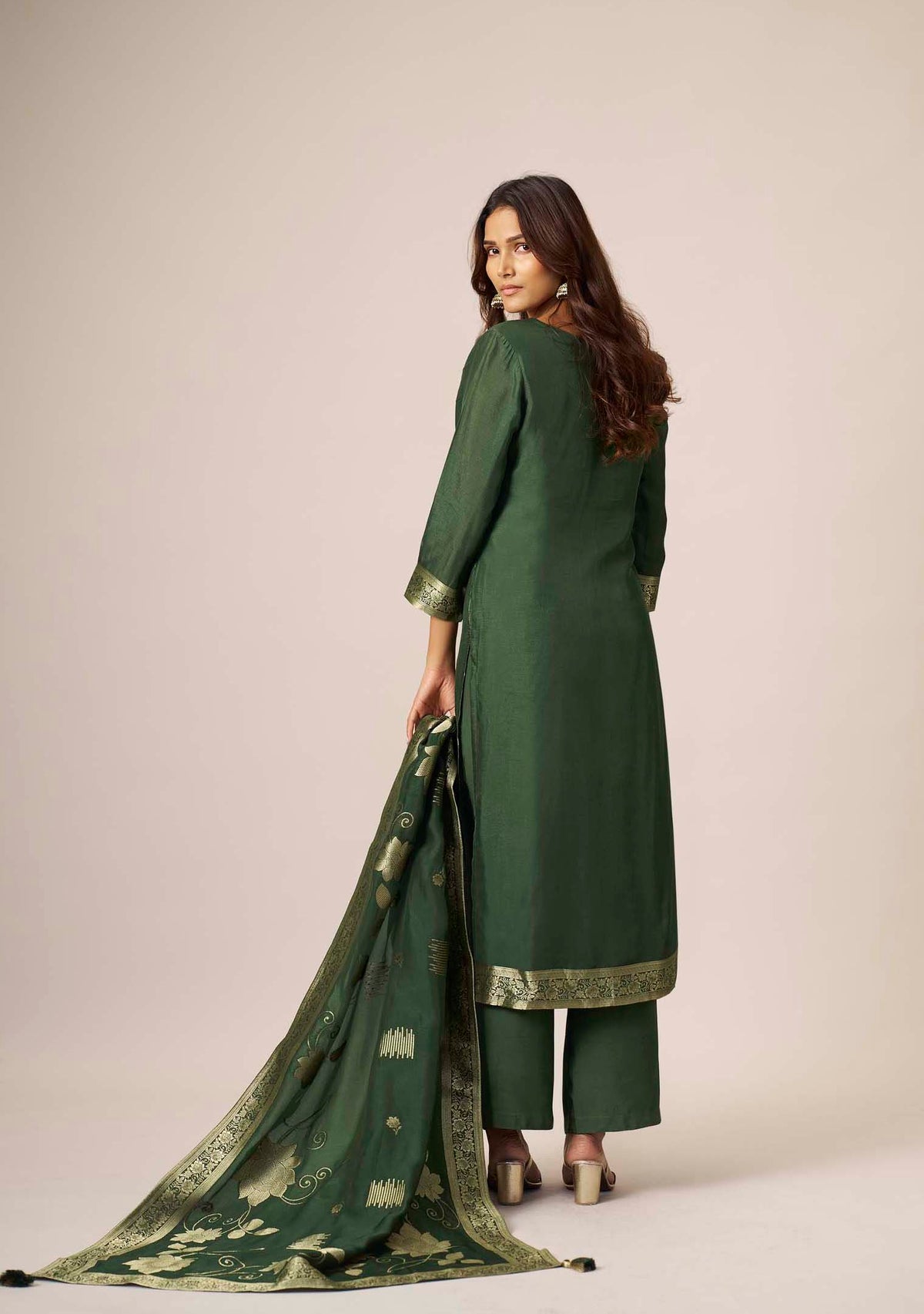 Bottle Green Dola Silk Floral Jacquard Straight Kurta Set with Handwork | 3-Piece | Festive 2026