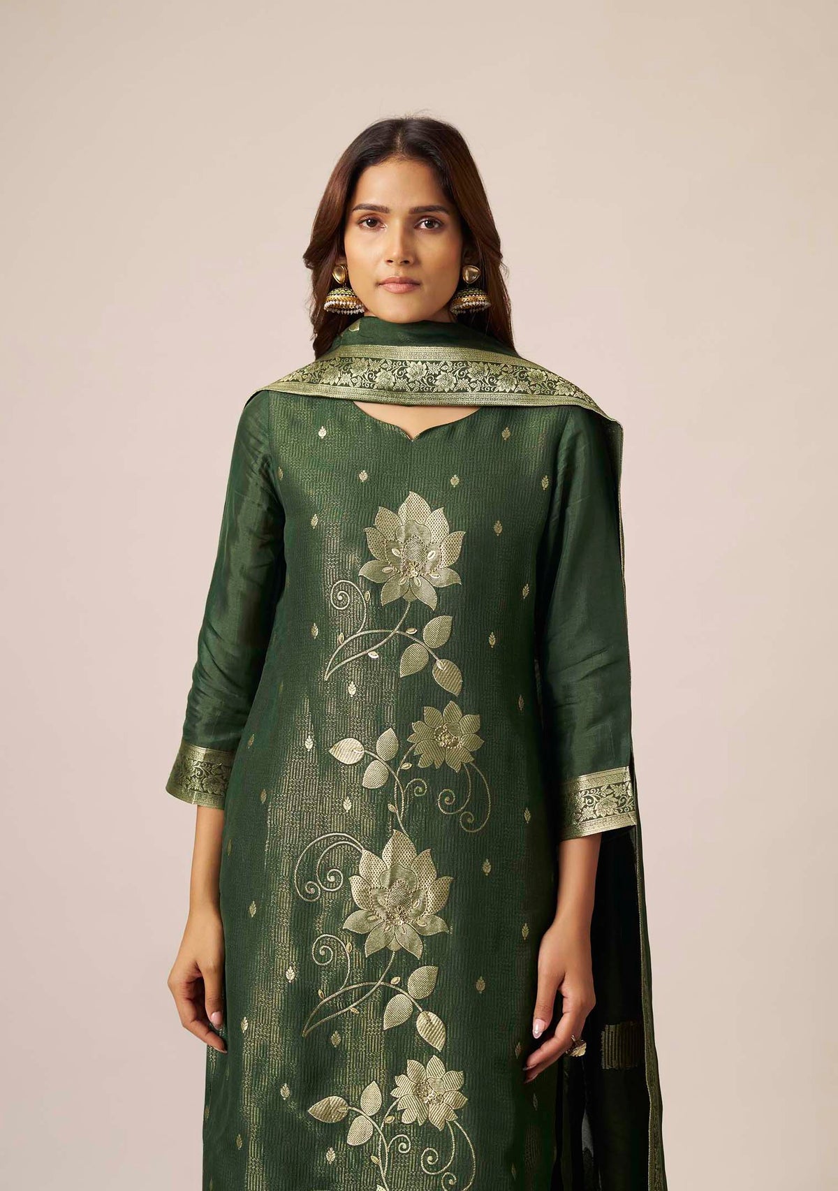 Bottle Green Dola Silk Floral Jacquard Straight Kurta Set with Handwork | 3-Piece | Festive 2026