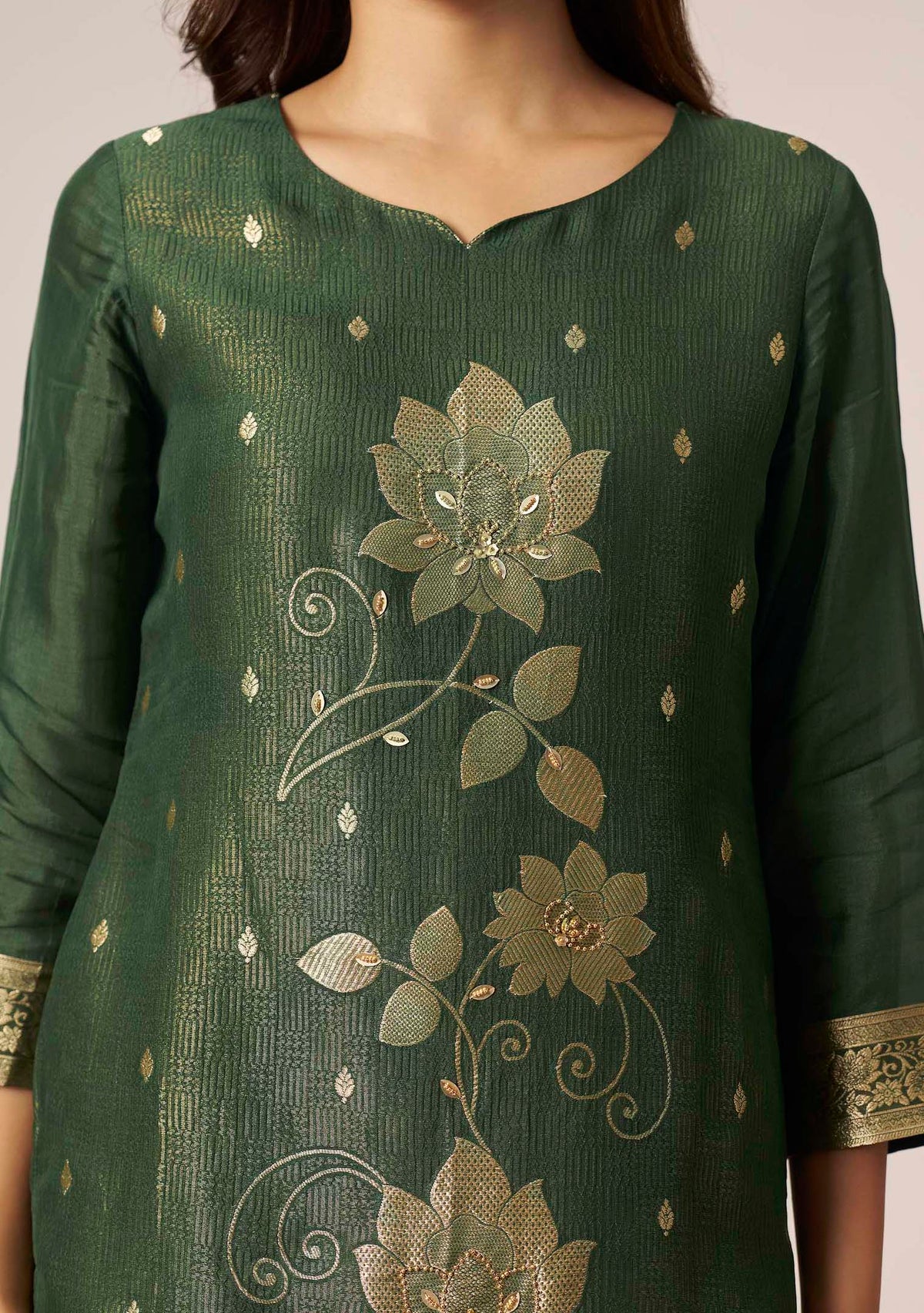 Bottle Green Dola Silk Floral Jacquard Straight Kurta Set with Handwork | 3-Piece | Festive 2026