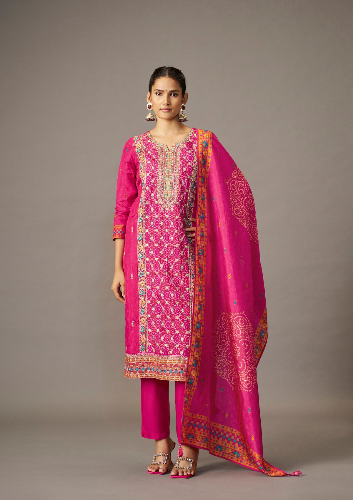 Dola Silk Position Print Kurti Set | Rani Pink Cording Embroidery with Straight Pant & Digital Print DupattaKurta Set