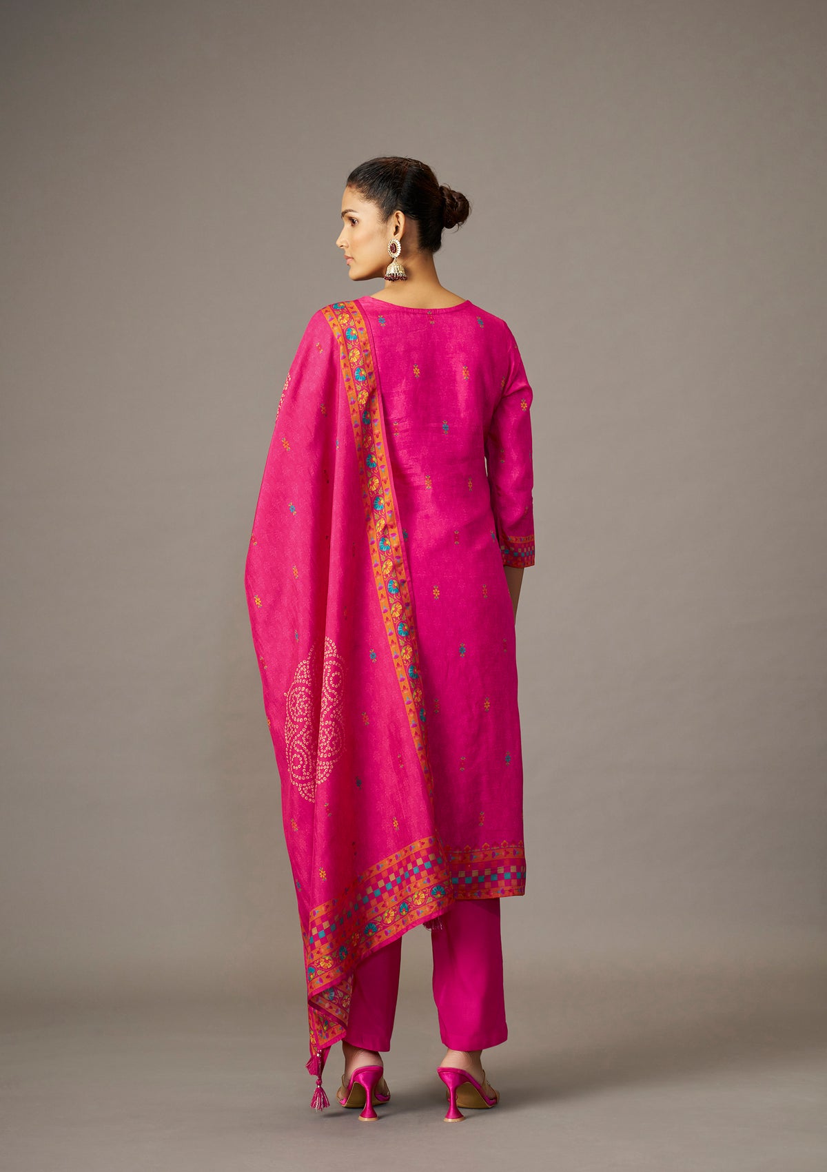 Dola Silk Position Print Kurti Set | Rani Pink Cording Embroidery with Straight Pant & Digital Print DupattaKurta Set