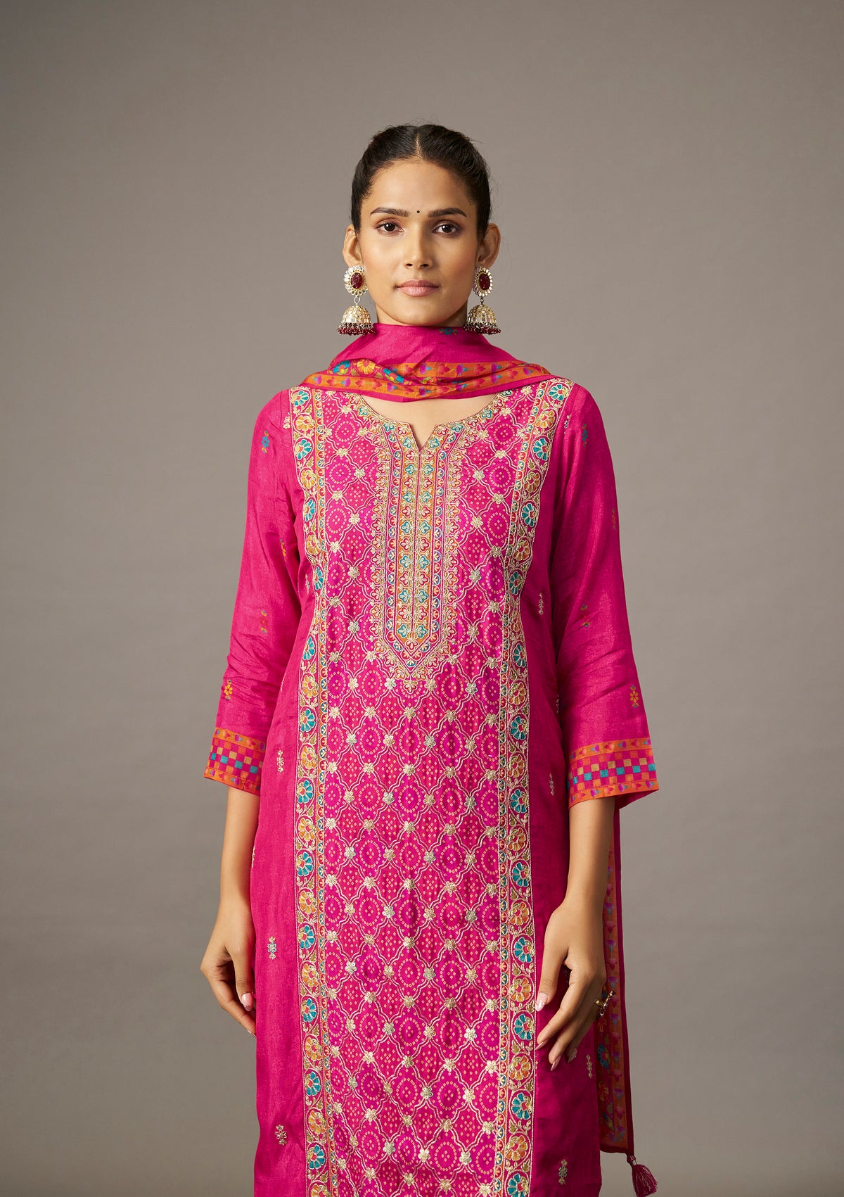 Dola Silk Position Print Kurti Set | Rani Pink Cording Embroidery with Straight Pant & Digital Print DupattaKurta Set