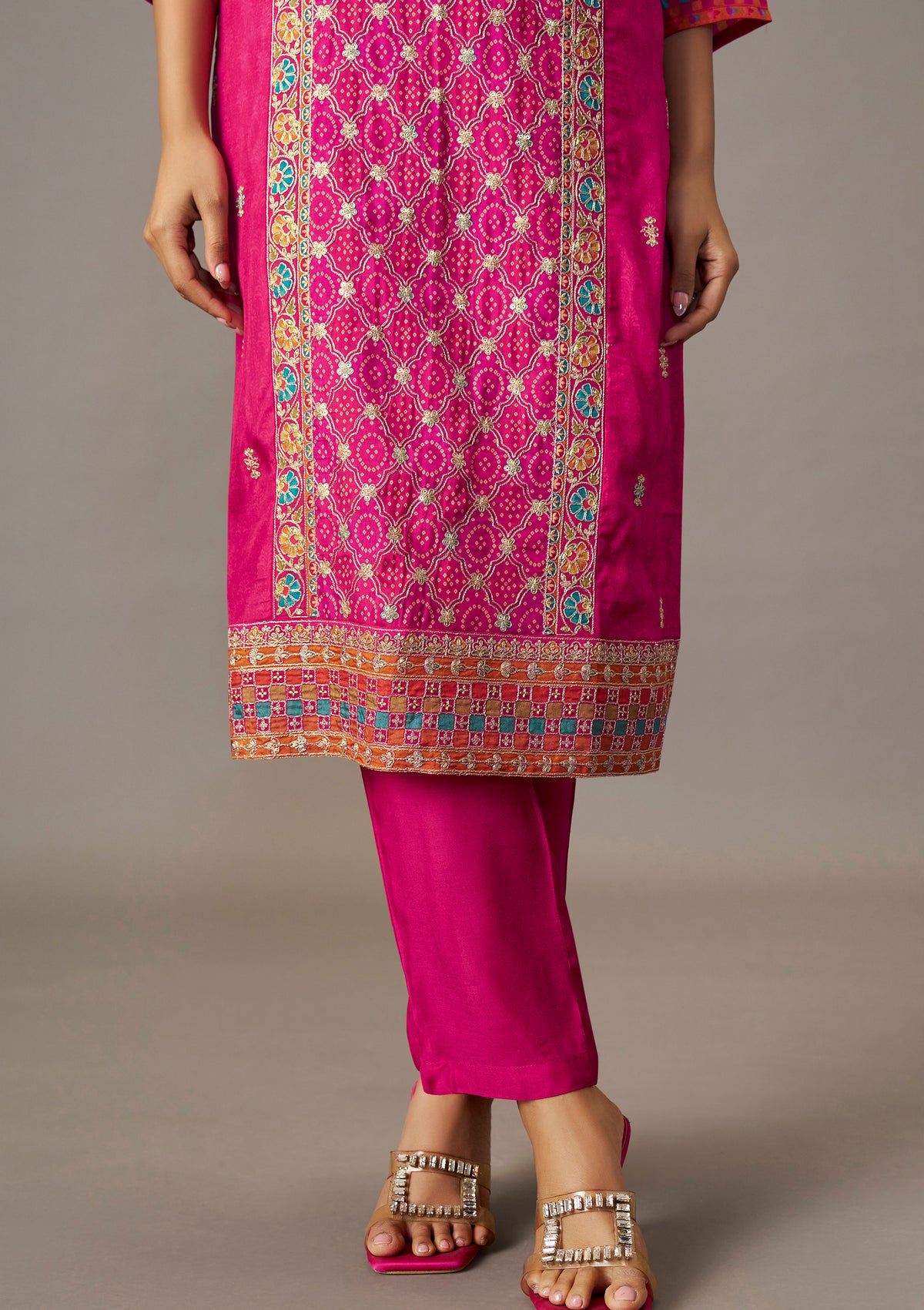 Dola Silk Position Print Kurti Set | Rani Pink Cording Embroidery with Straight Pant & Digital Print DupattaKurta Set