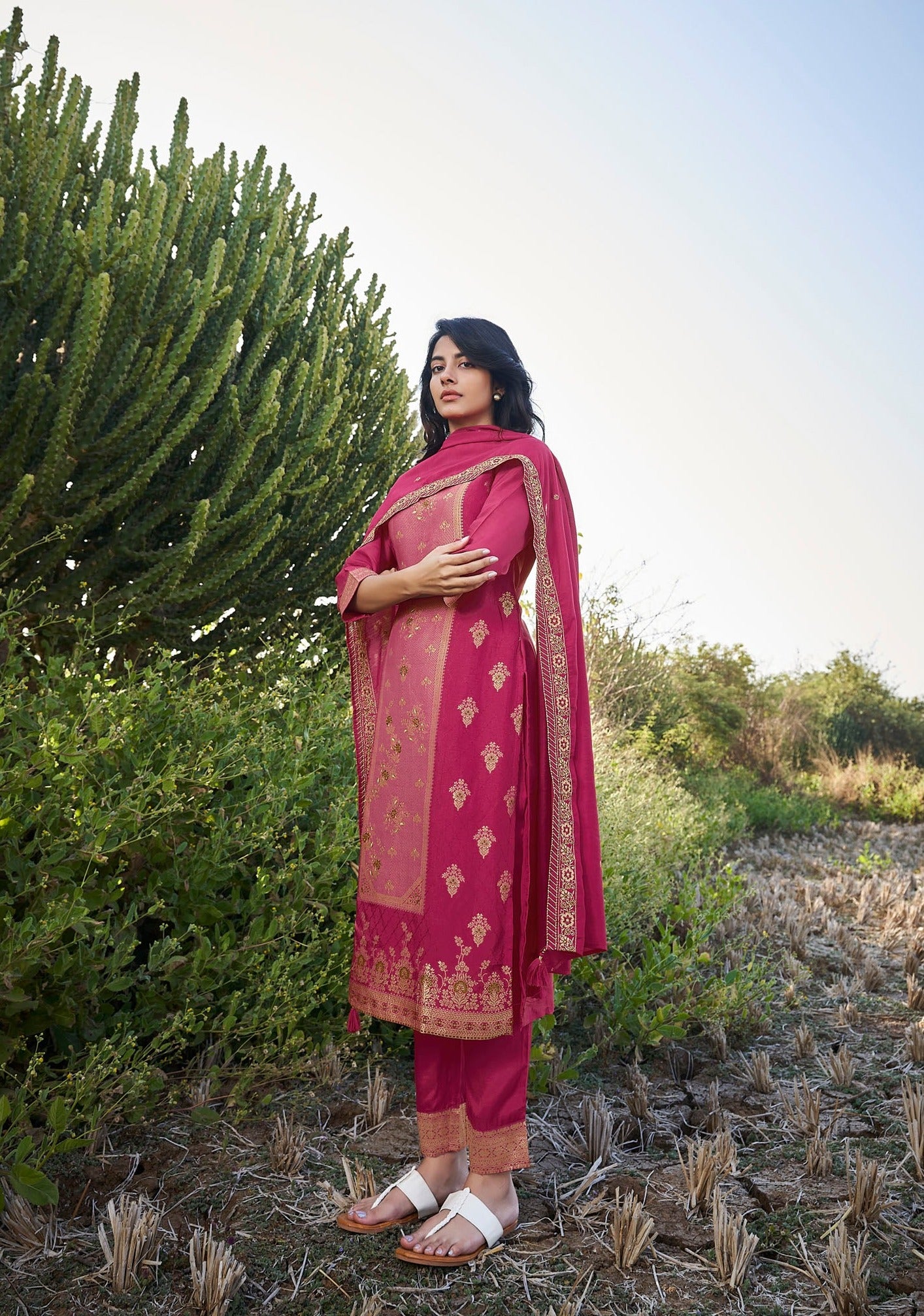 Imperial Magenta Rani Loomed Silk Kurta Set-fourbuttons-in